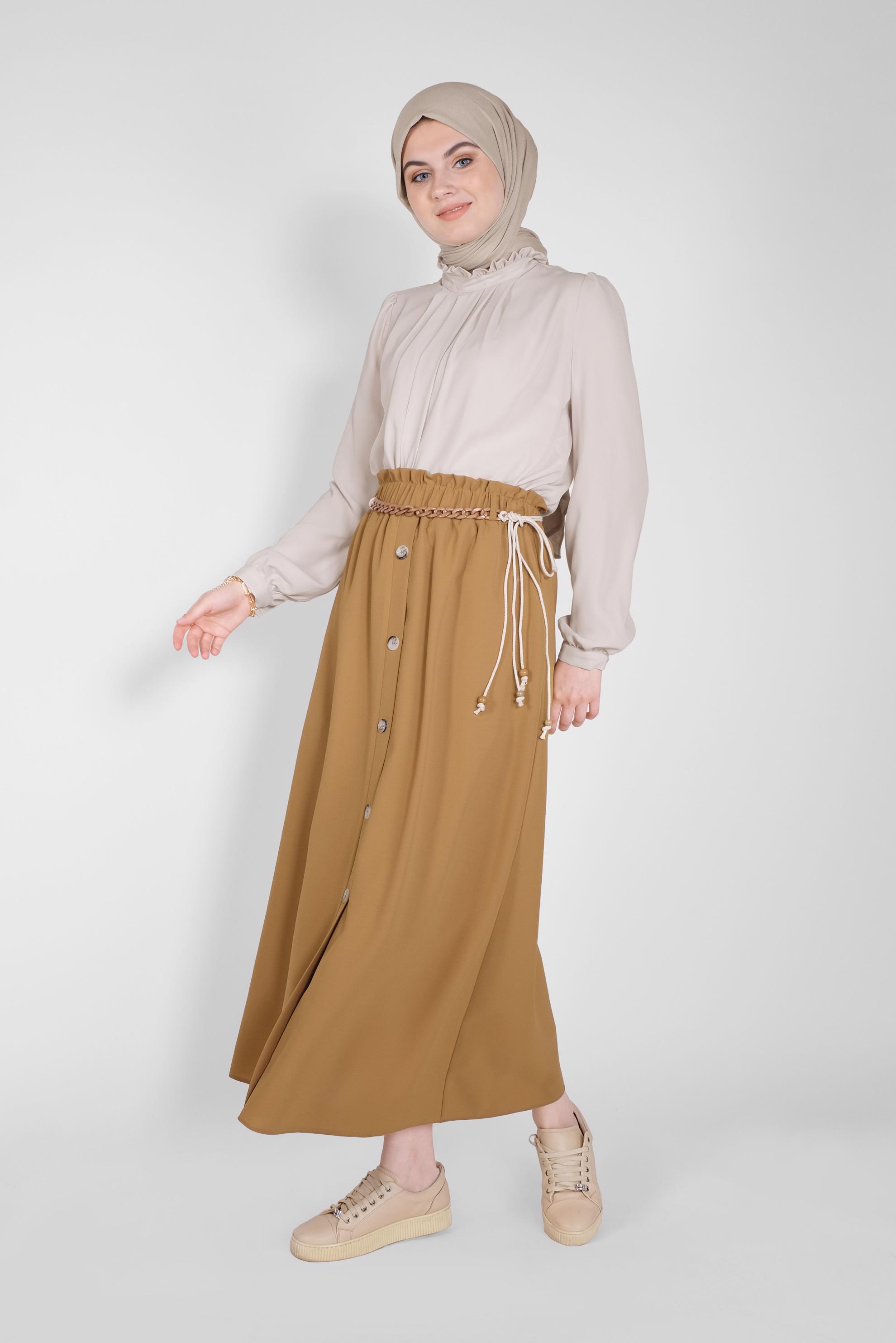 Tesettür giyim SARI DÜĞME DETAYLI BELDEN BÜZGÜLÜ ETEK 60142