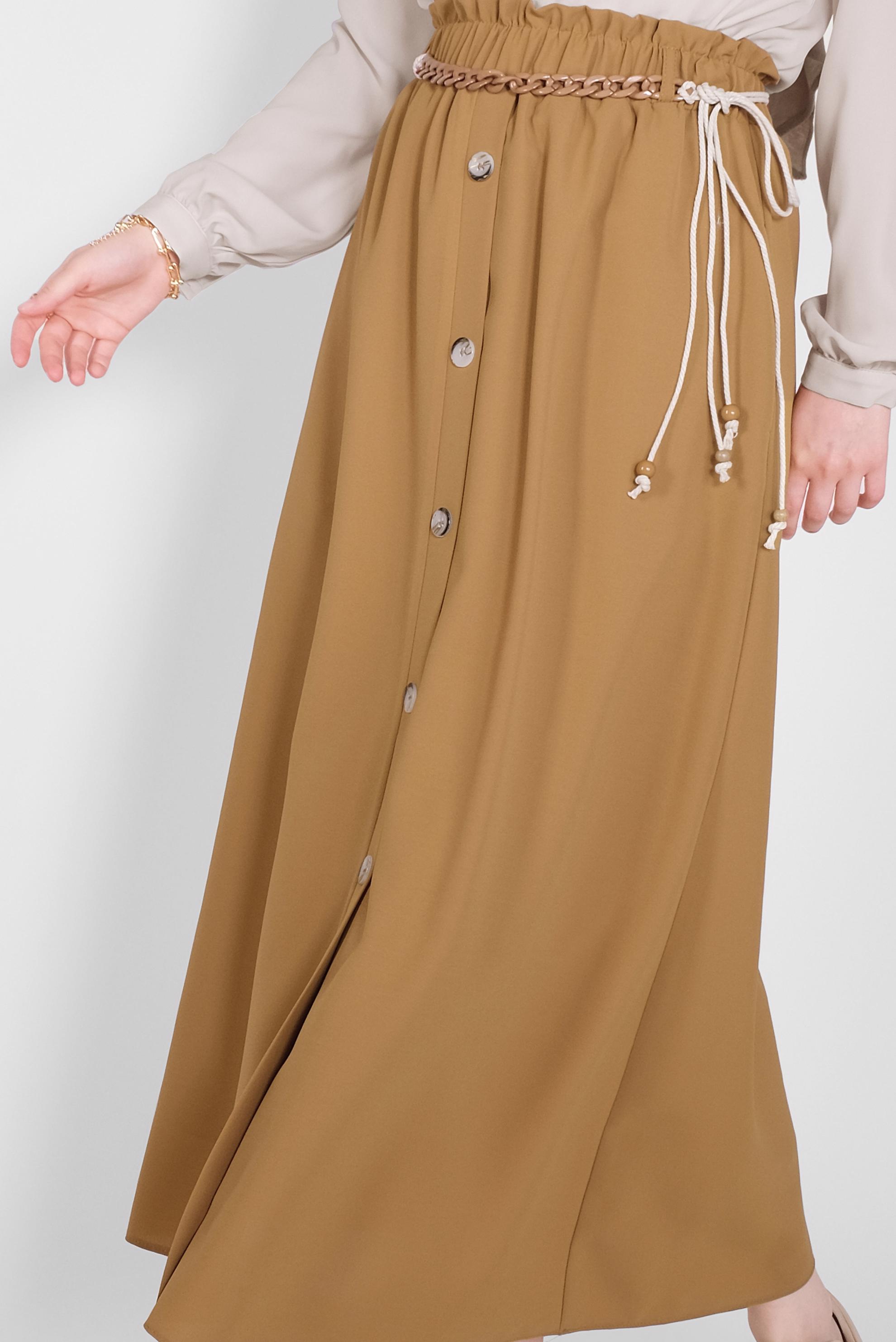 Tesettür giyim SARI DÜĞME DETAYLI BELDEN BÜZGÜLÜ ETEK 60142