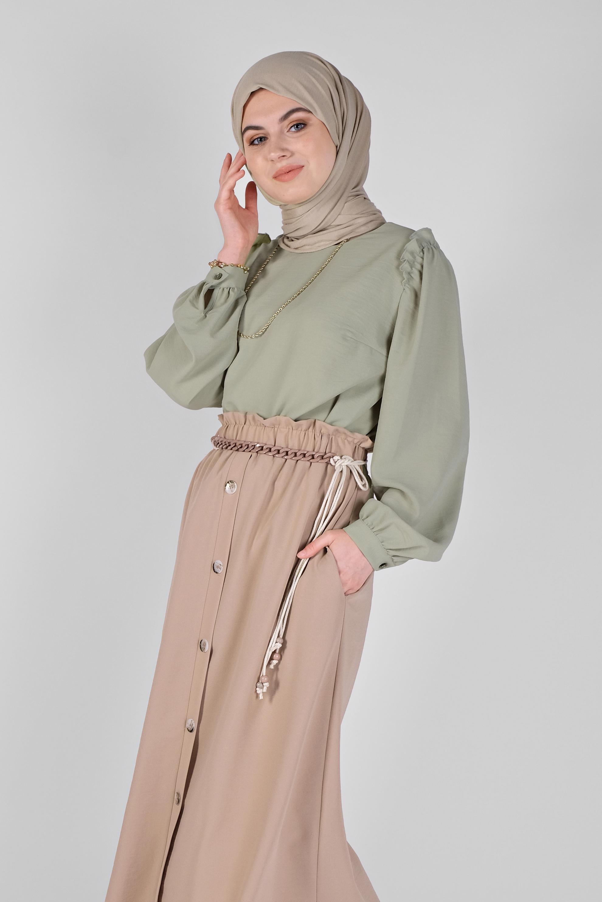 Tesettür giyim VİZON DÜĞME DETAYLI BELDEN BÜZGÜLÜ ETEK 60142