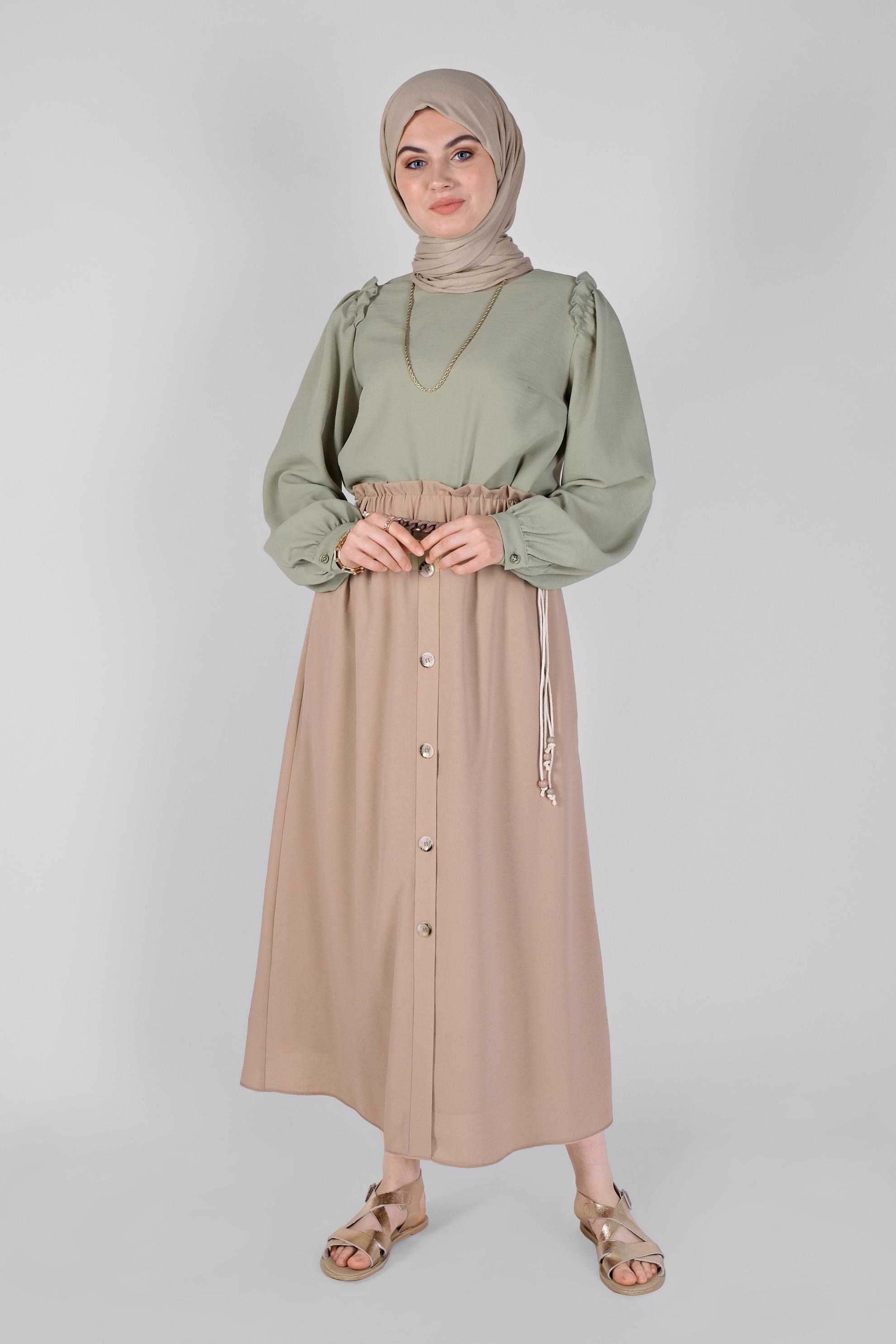 Tesettür giyim VİZON DÜĞME DETAYLI BELDEN BÜZGÜLÜ ETEK 60142