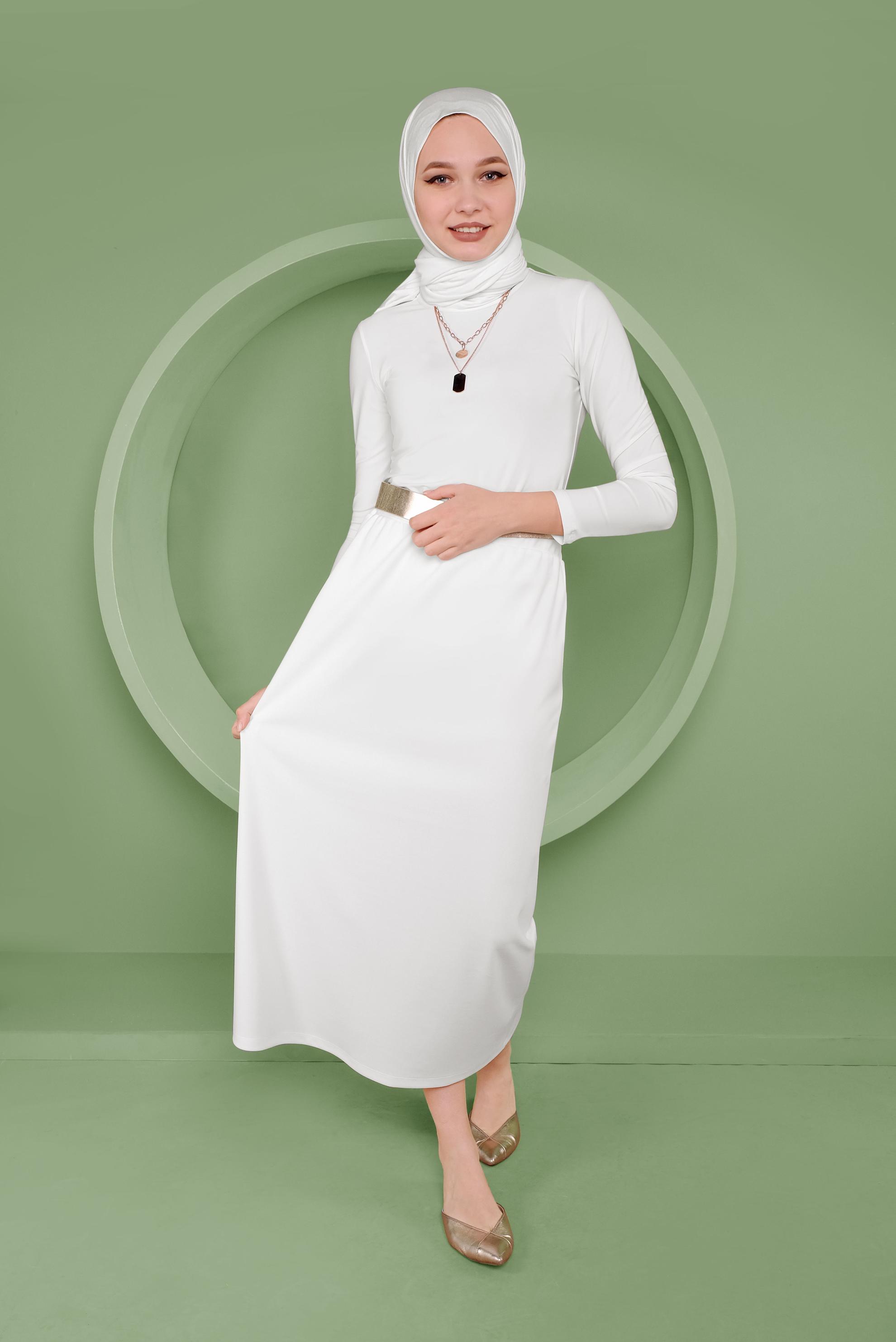 Tesettür giyim BEYAZ BEL KISMI LASTİKLİ ETEK 60143