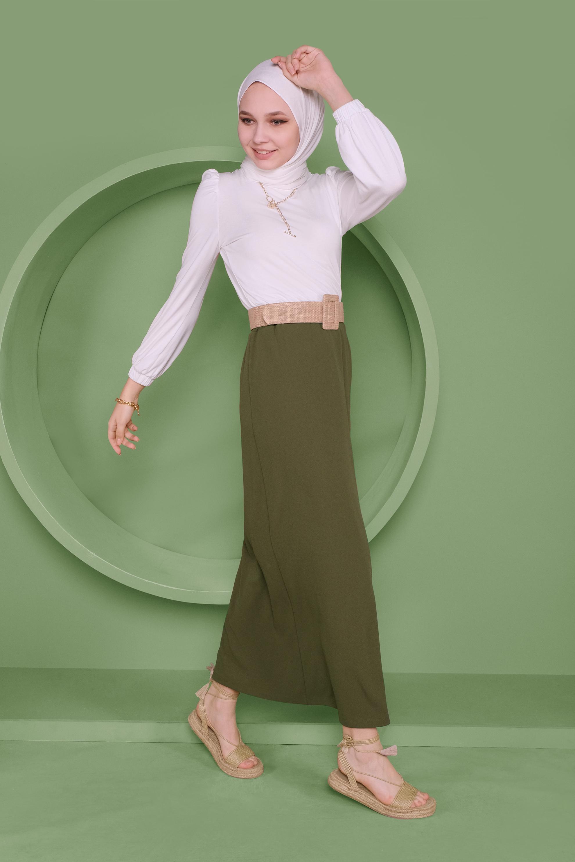 Tesettür giyim HAKİ BEL KISMI LASTİKLİ ETEK 60143