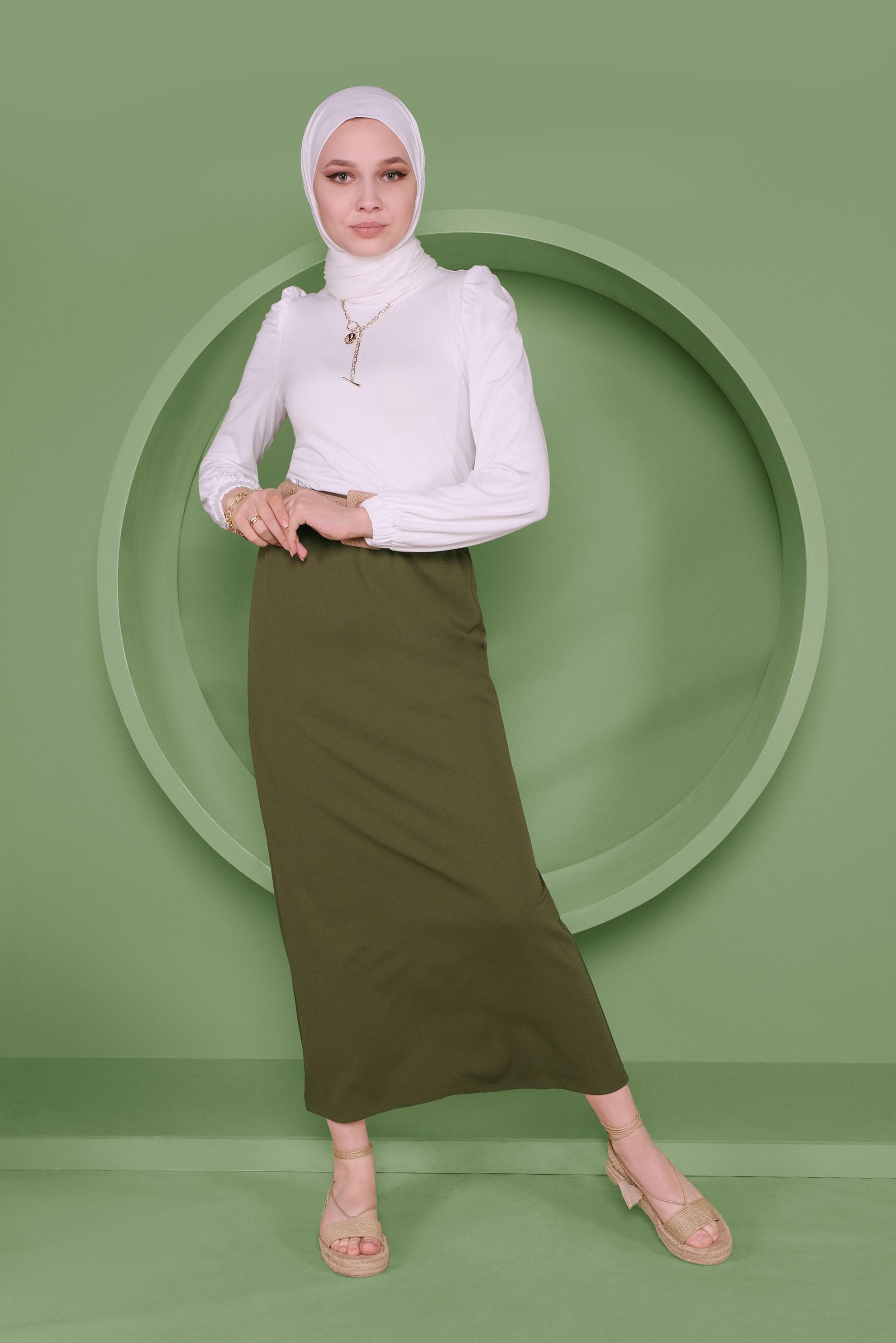 Tesettür giyim HAKİ BEL KISMI LASTİKLİ ETEK 60143