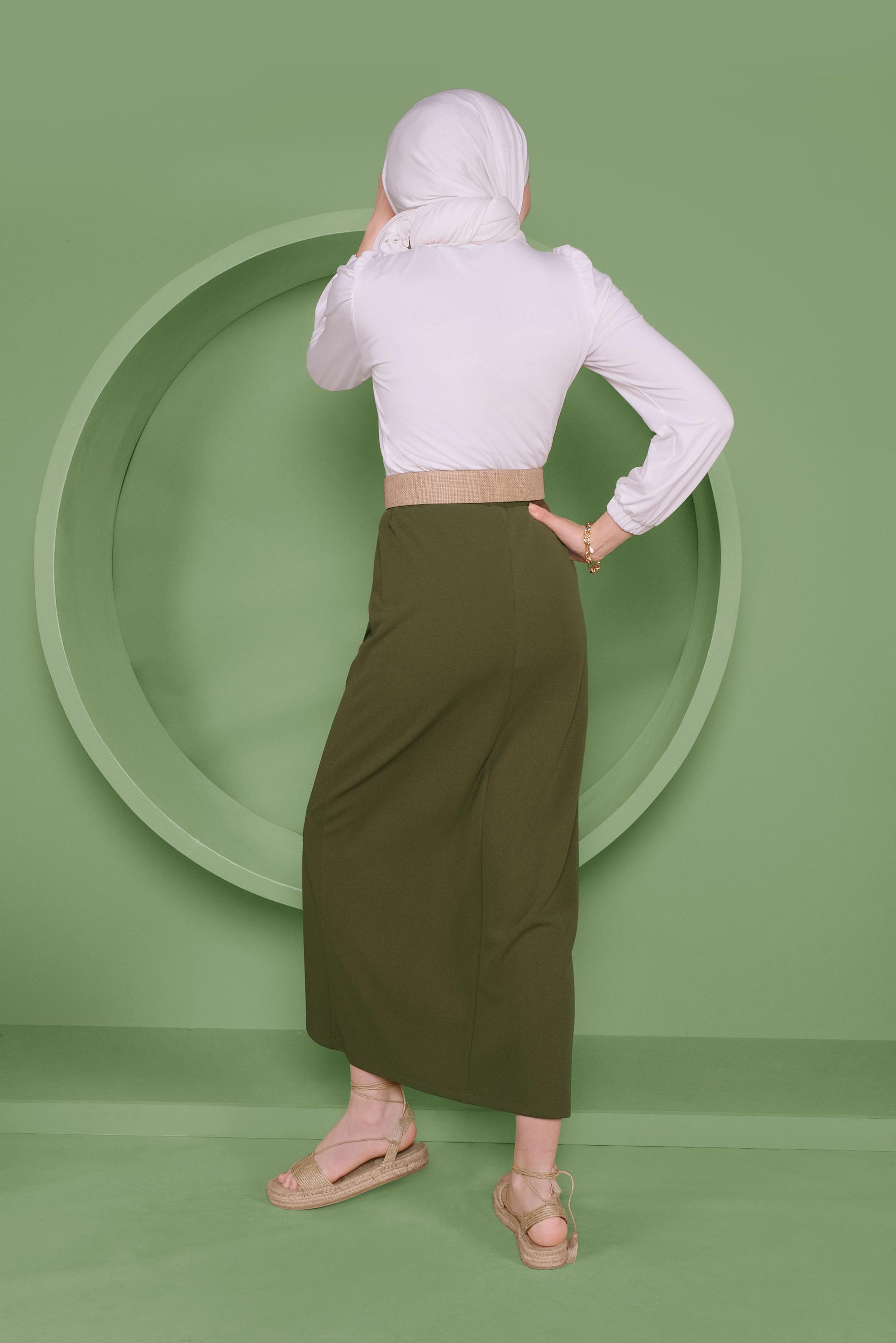 Tesettür giyim HAKİ BEL KISMI LASTİKLİ ETEK 60143