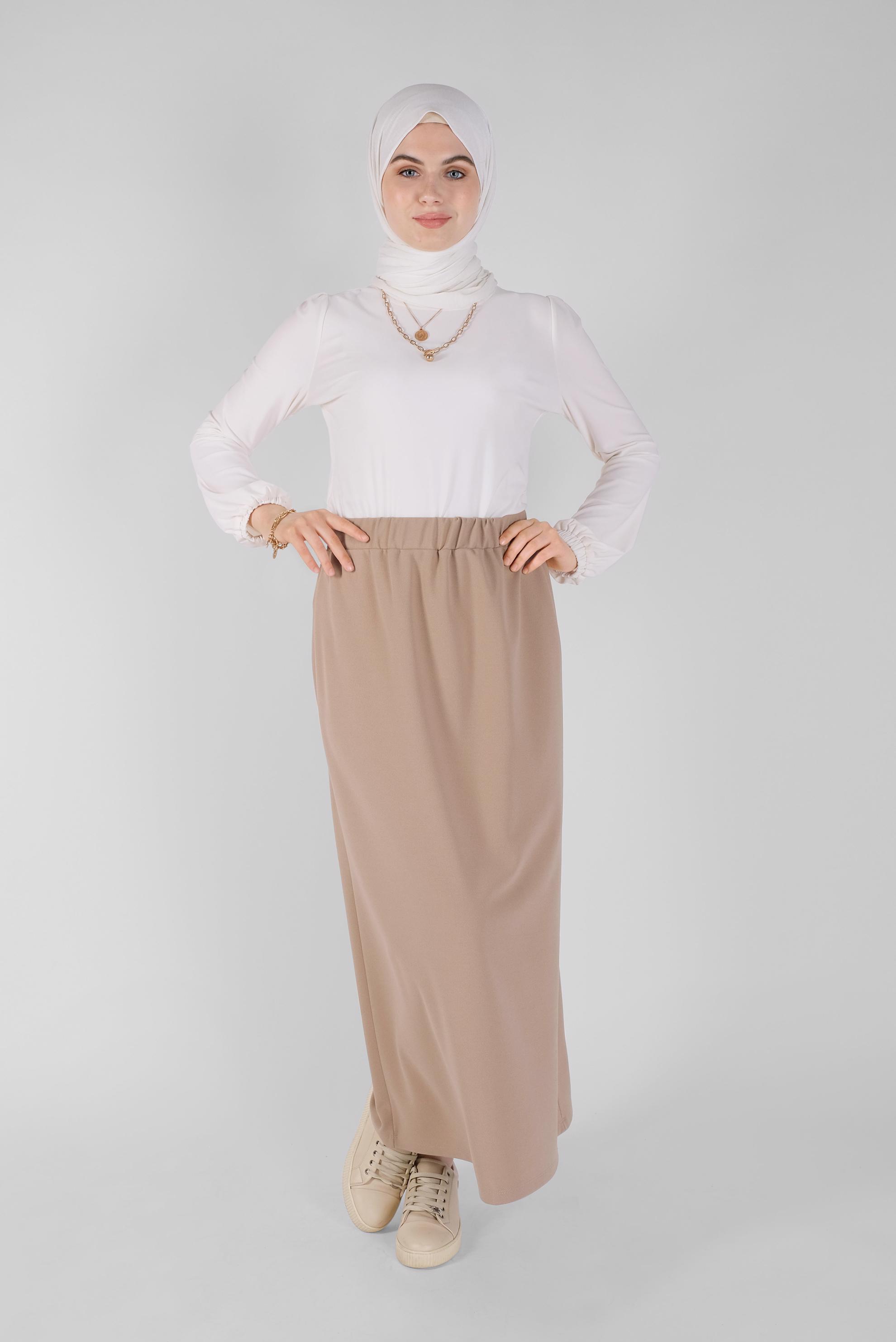 Tesettür giyim BEJ BEL KISMI LASTİKLİ ETEK 60143
