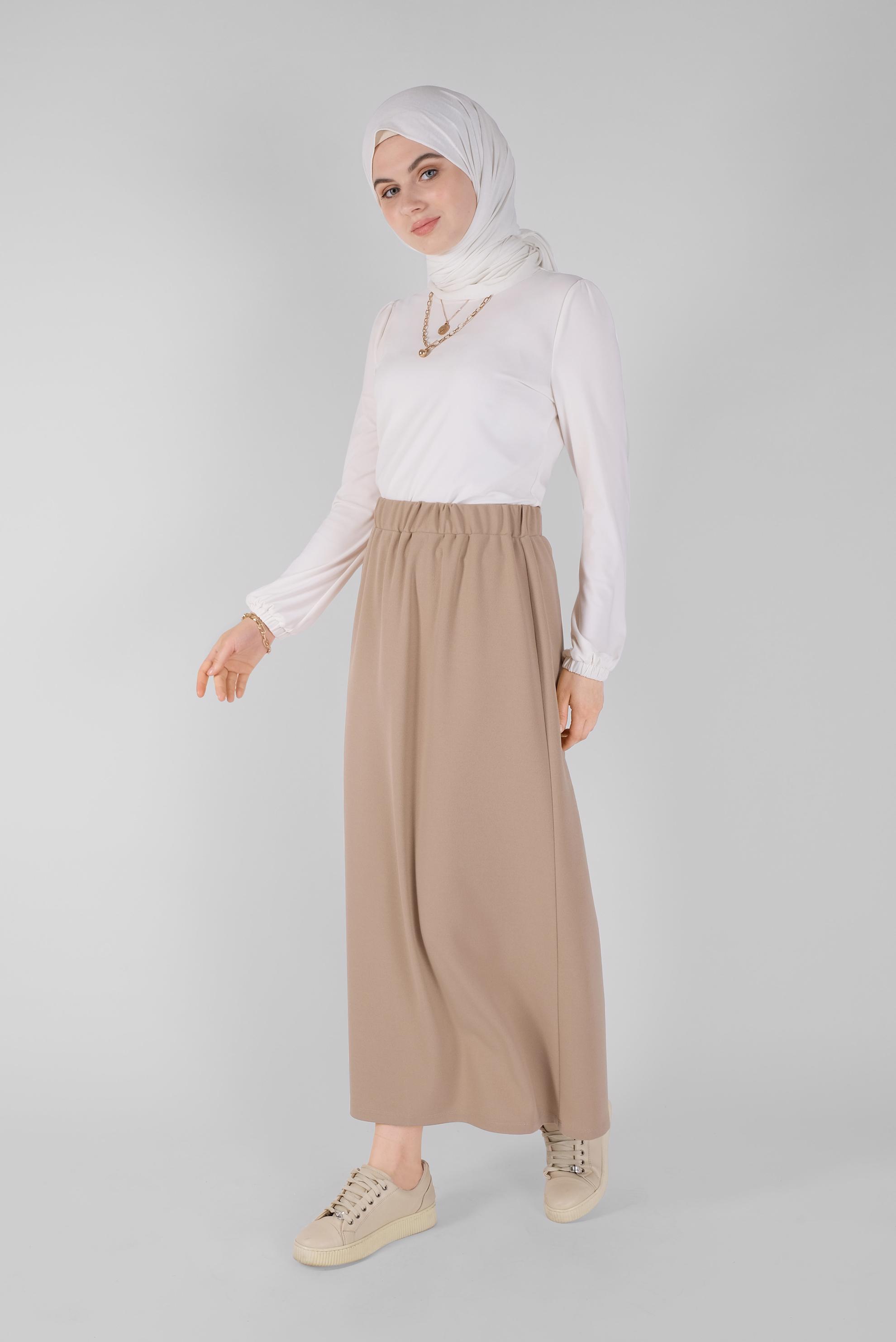 Tesettür giyim BEJ BEL KISMI LASTİKLİ ETEK 60143