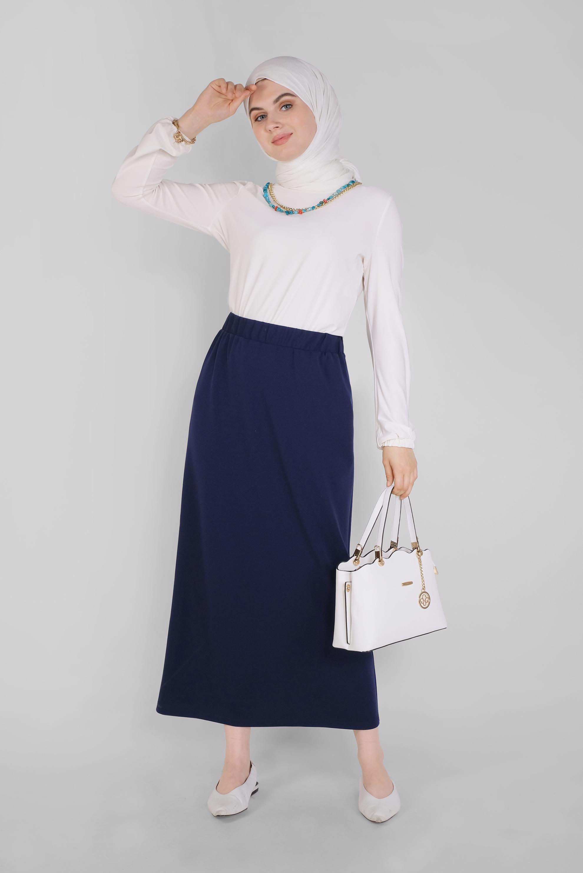 Tesettür giyim LACİVERT BEL KISMI LASTİKLİ ETEK 60143