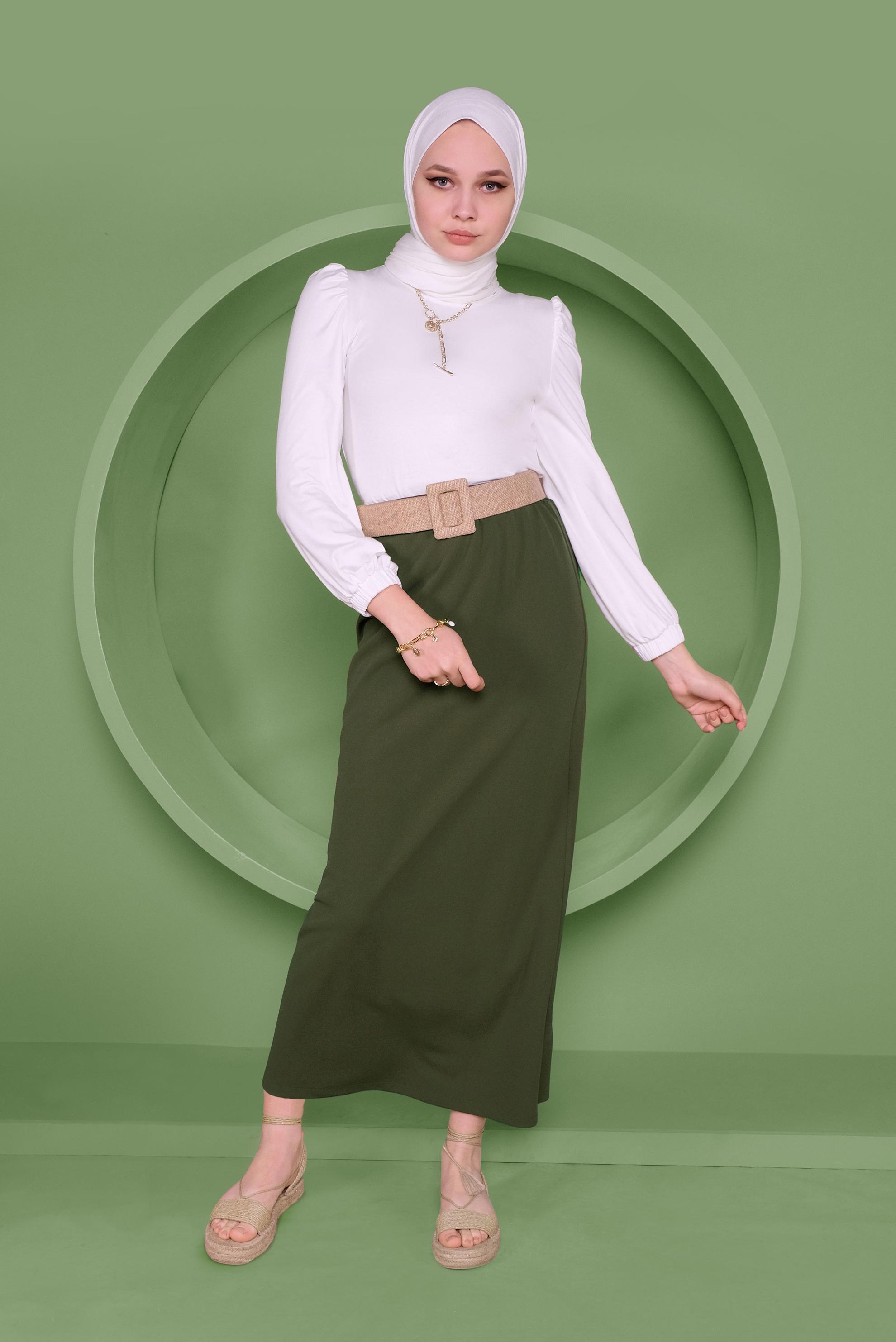 Tesettür giyim HAKİ BEL KISMI LASTİKLİ ETEK 60143