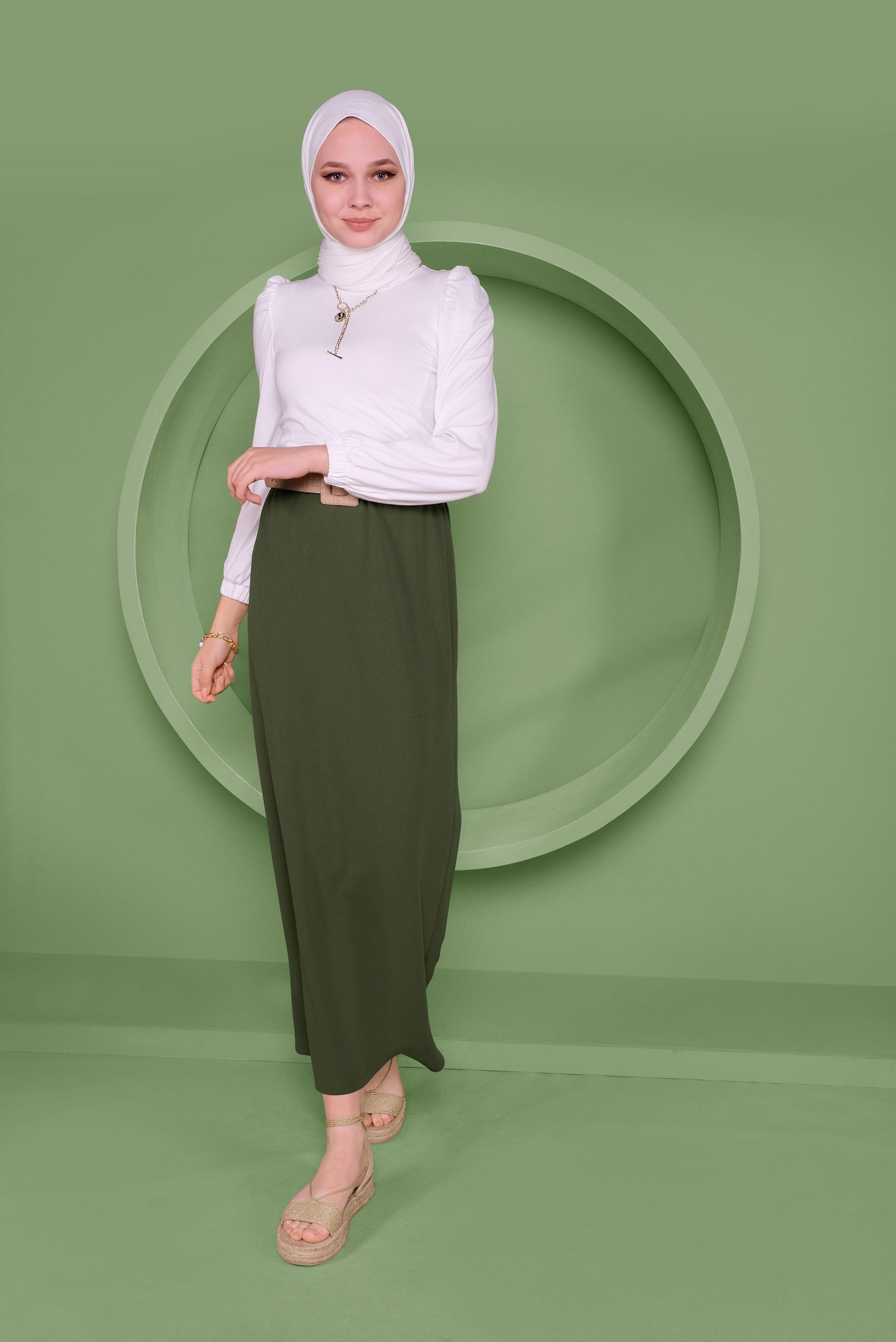 Tesettür giyim HAKİ BEL KISMI LASTİKLİ ETEK 60143