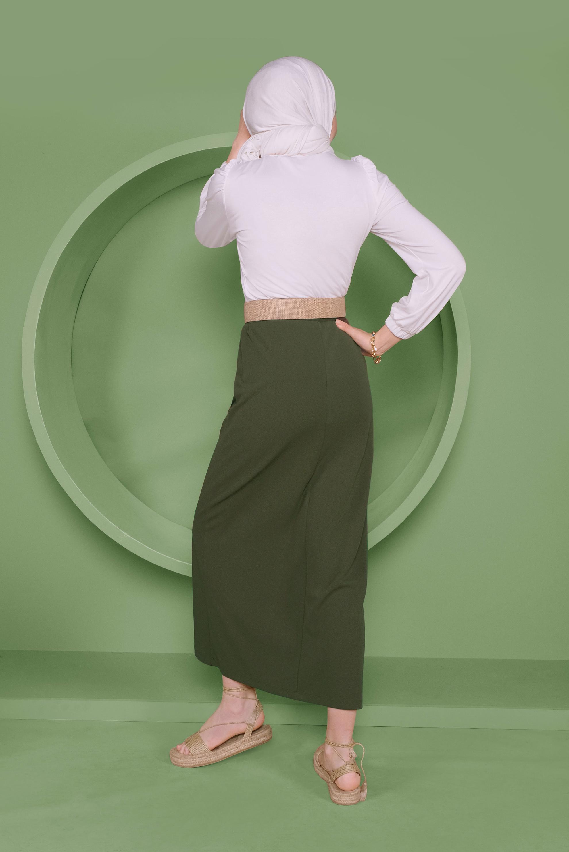 Tesettür giyim HAKİ BEL KISMI LASTİKLİ ETEK 60143