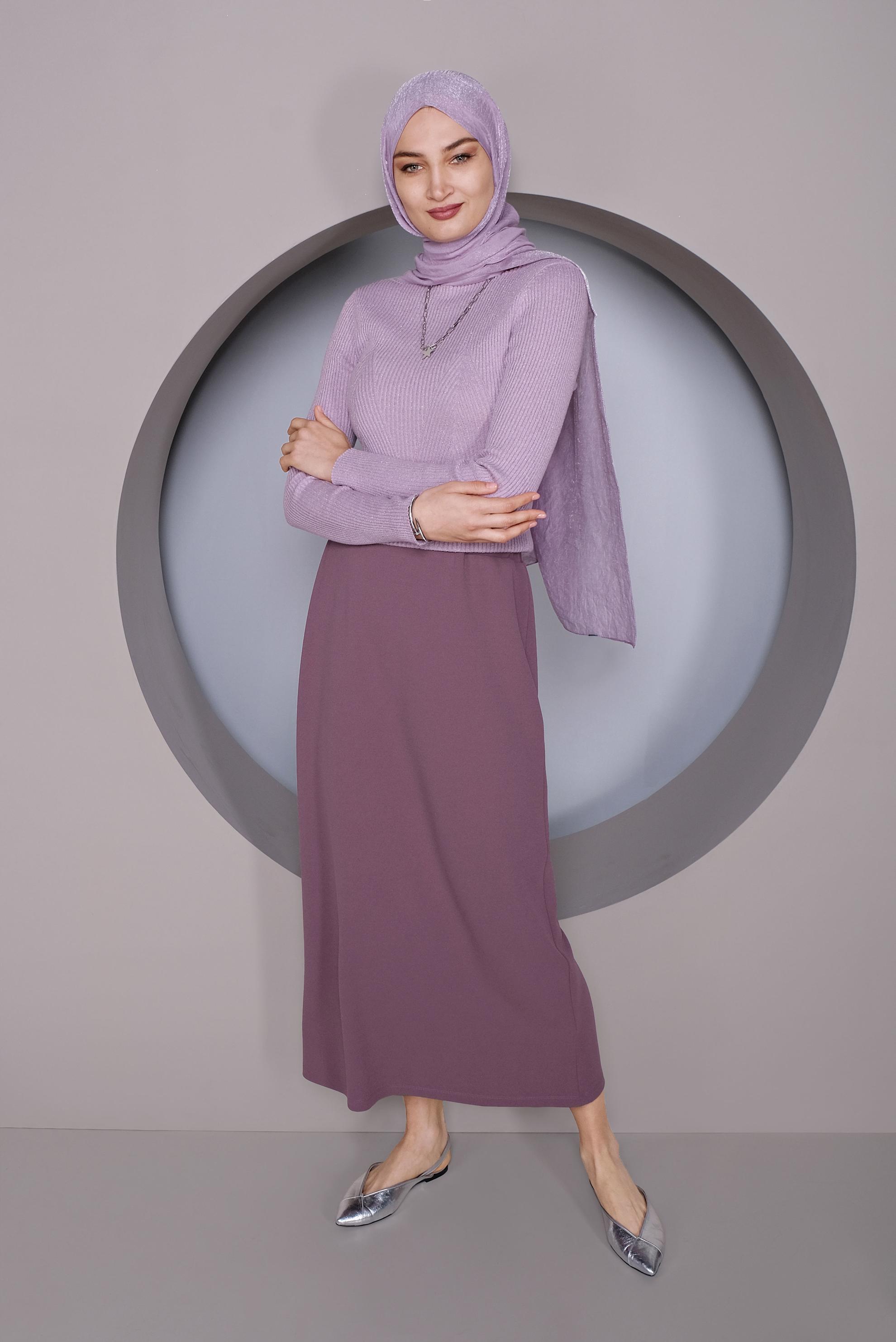 Tesettür giyim PEMBE BEL KISMI LASTİKLİ ETEK 60143