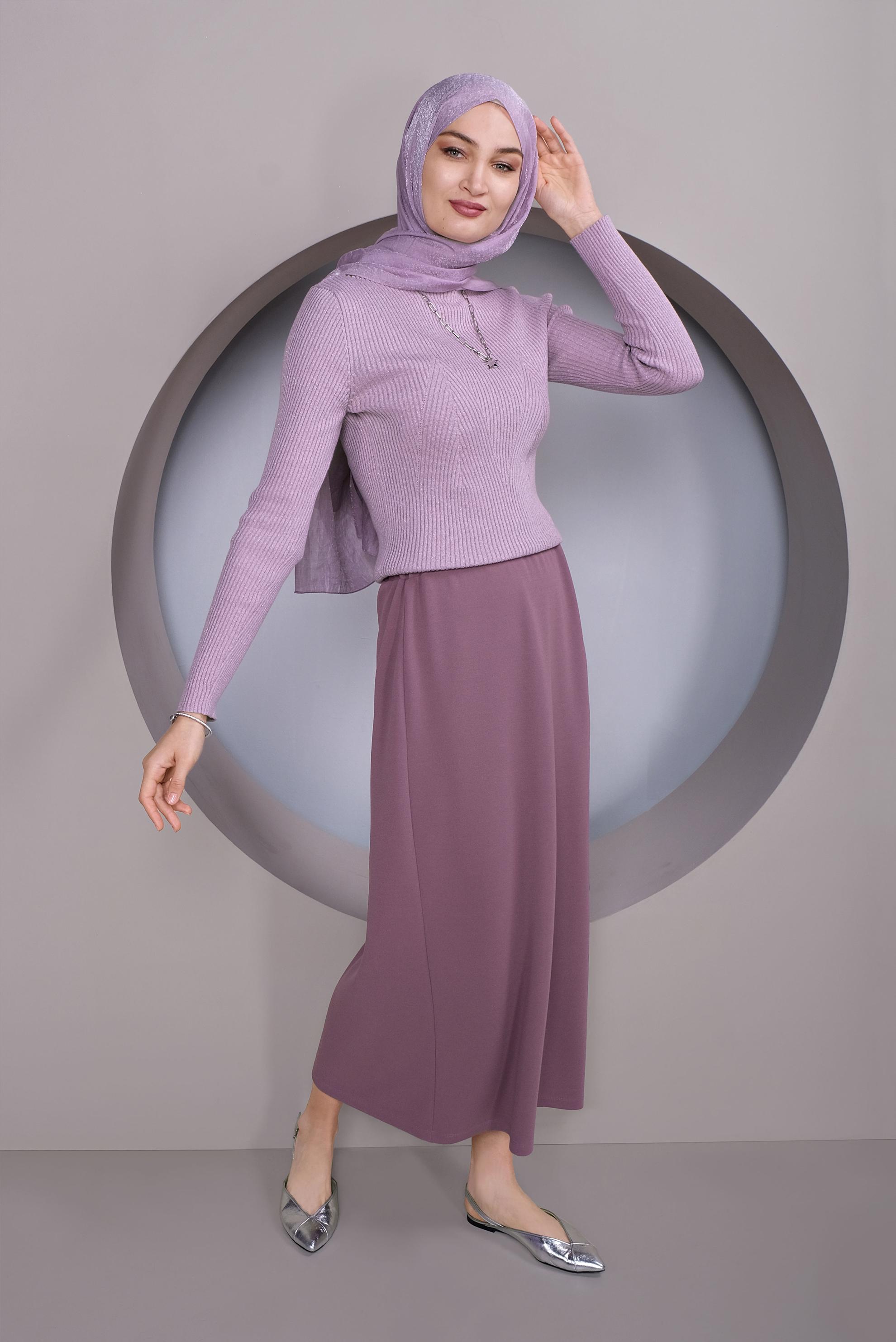 Tesettür giyim PEMBE BEL KISMI LASTİKLİ ETEK 60143