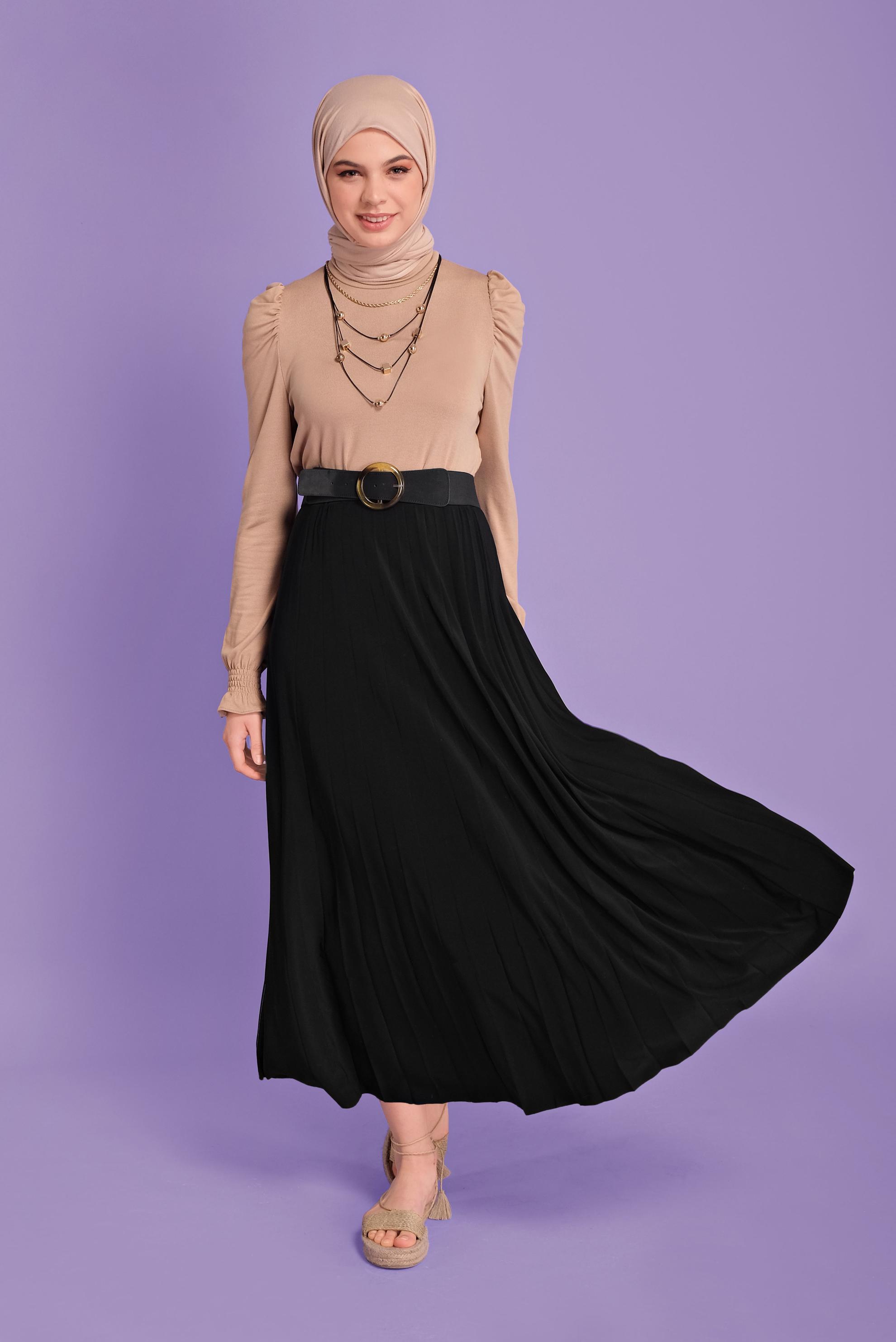 Tesettür giyim SİYAH BEL KISMI LASTİKLİ PİLİSELİ ETEK 60145