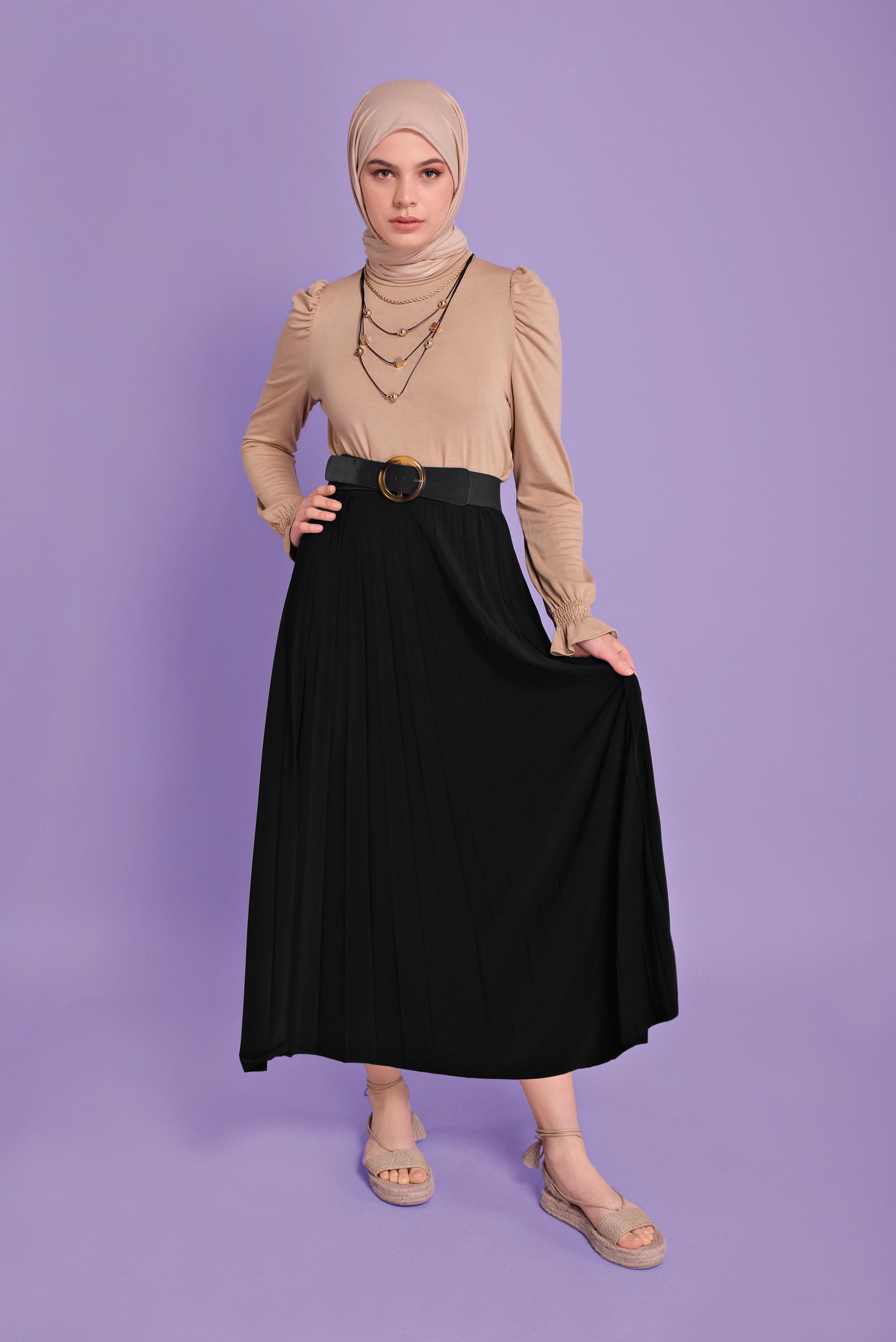 Tesettür giyim SİYAH BEL KISMI LASTİKLİ PİLİSELİ ETEK 60145