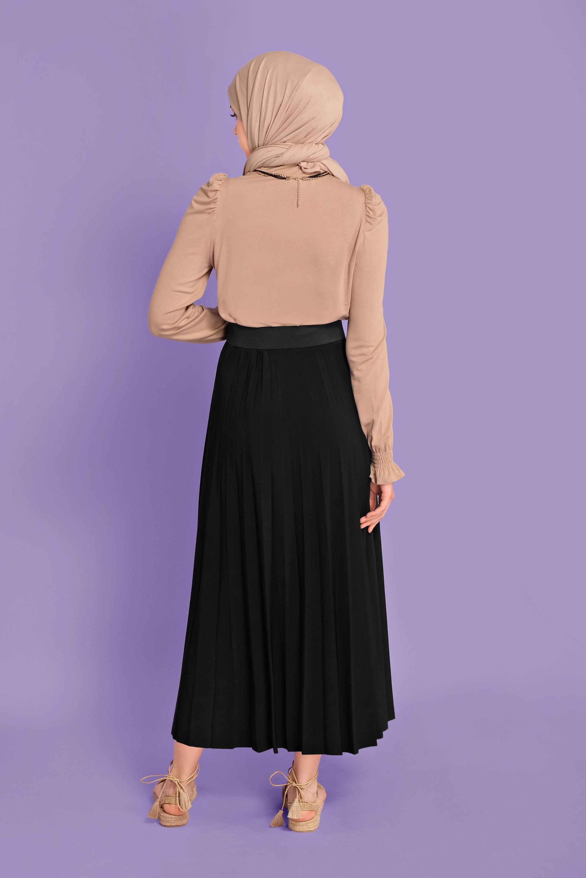 Tesettür giyim SİYAH BEL KISMI LASTİKLİ PİLİSELİ ETEK 60145