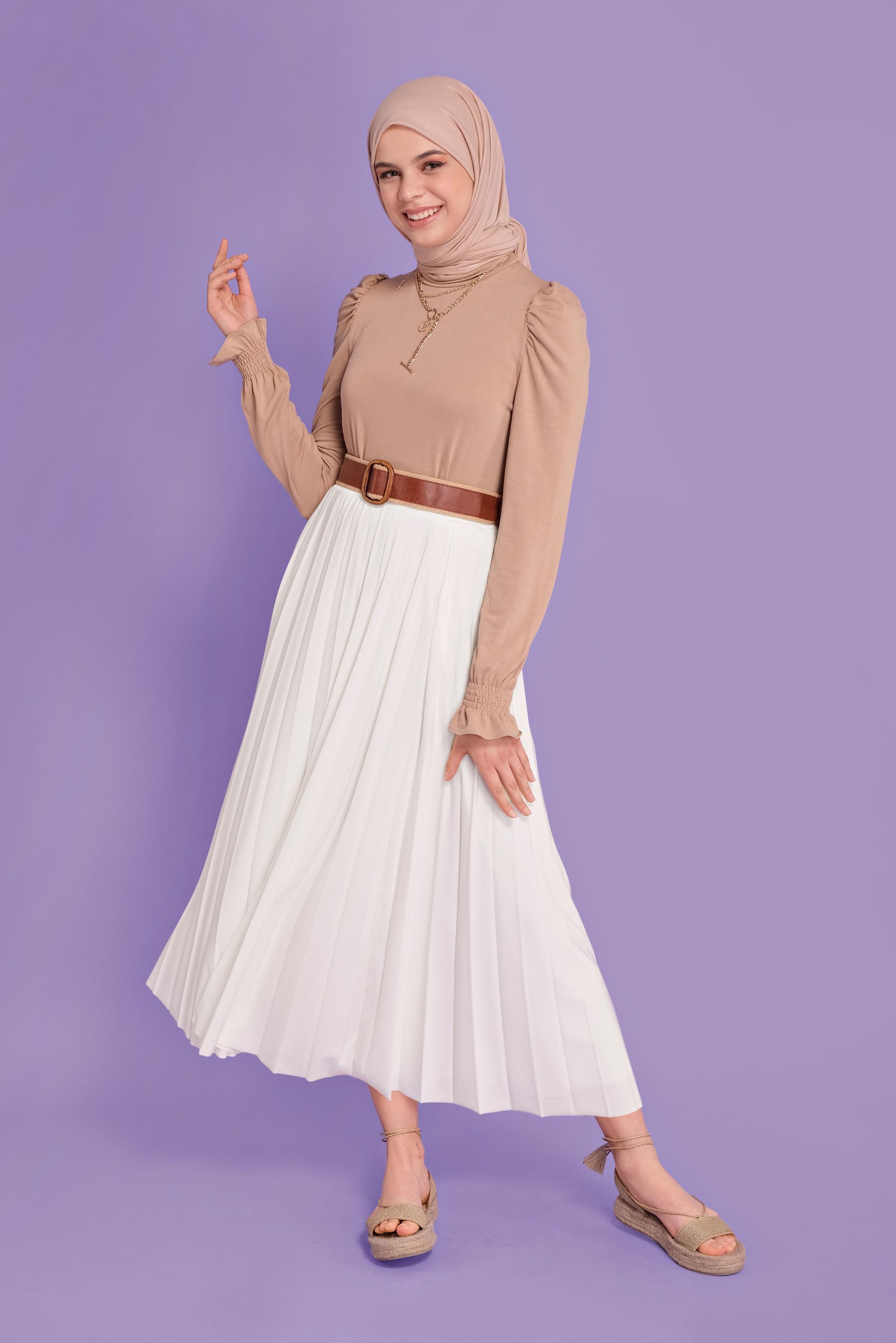 Tesettür giyim BEYAZ BEL KISMI LASTİKLİ PİLİSELİ ETEK 60145