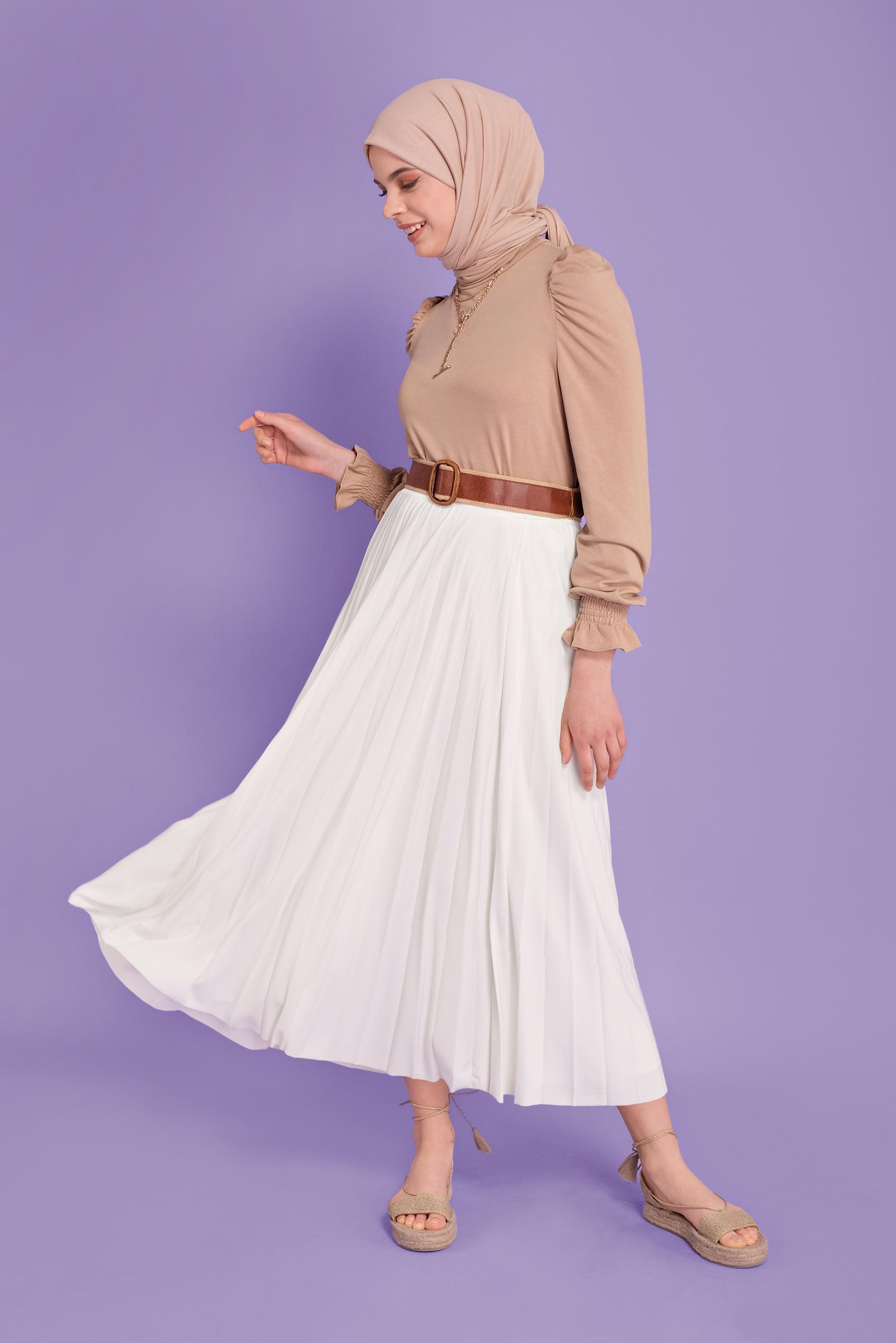 Tesettür giyim BEYAZ BEL KISMI LASTİKLİ PİLİSELİ ETEK 60145