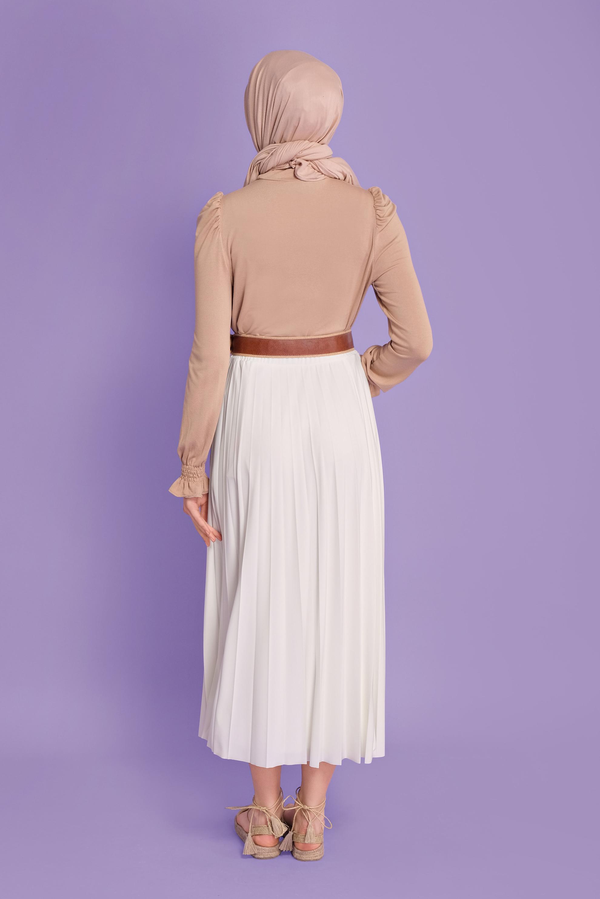 Tesettür giyim BEYAZ BEL KISMI LASTİKLİ PİLİSELİ ETEK 60145