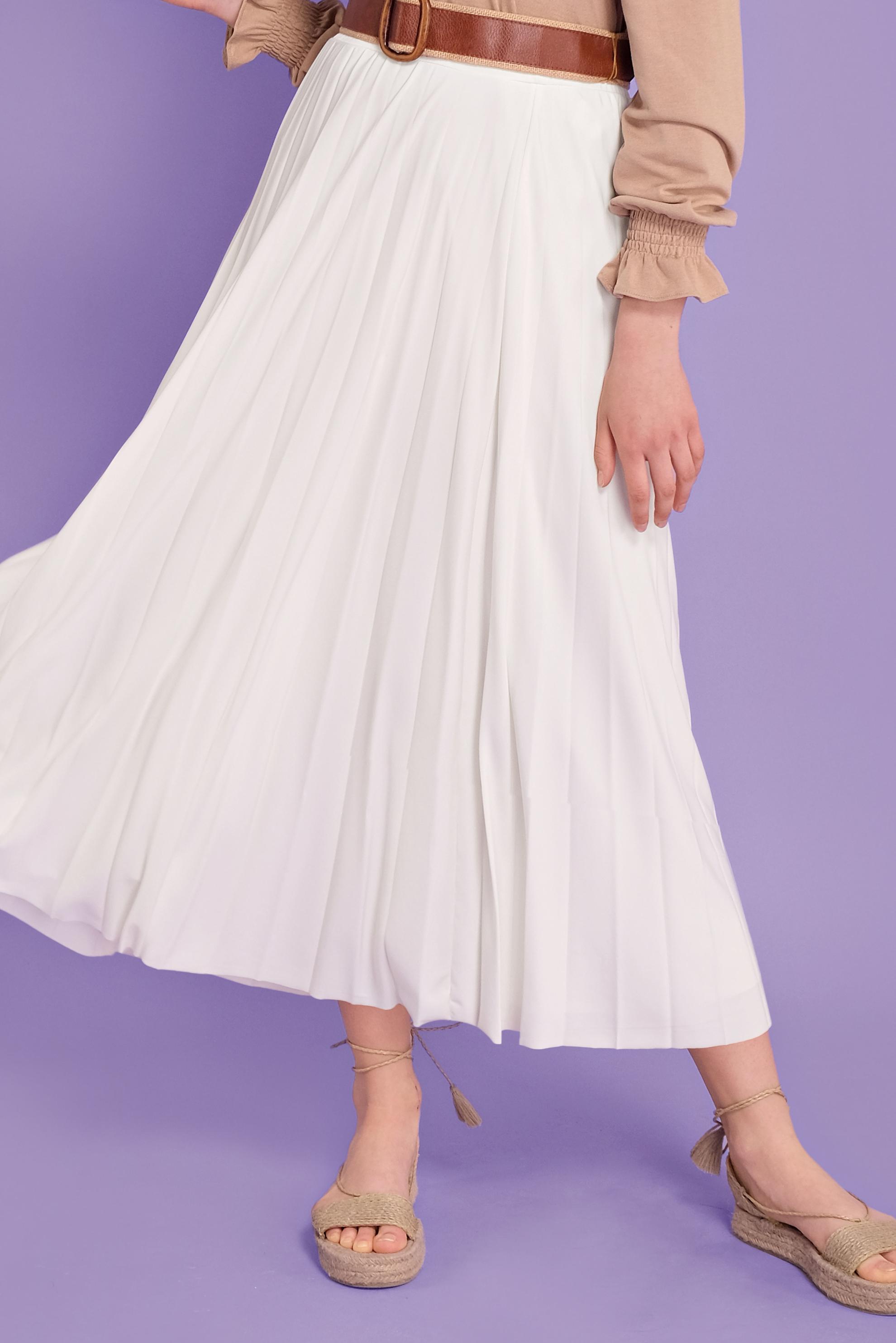 Tesettür giyim BEYAZ BEL KISMI LASTİKLİ PİLİSELİ ETEK 60145