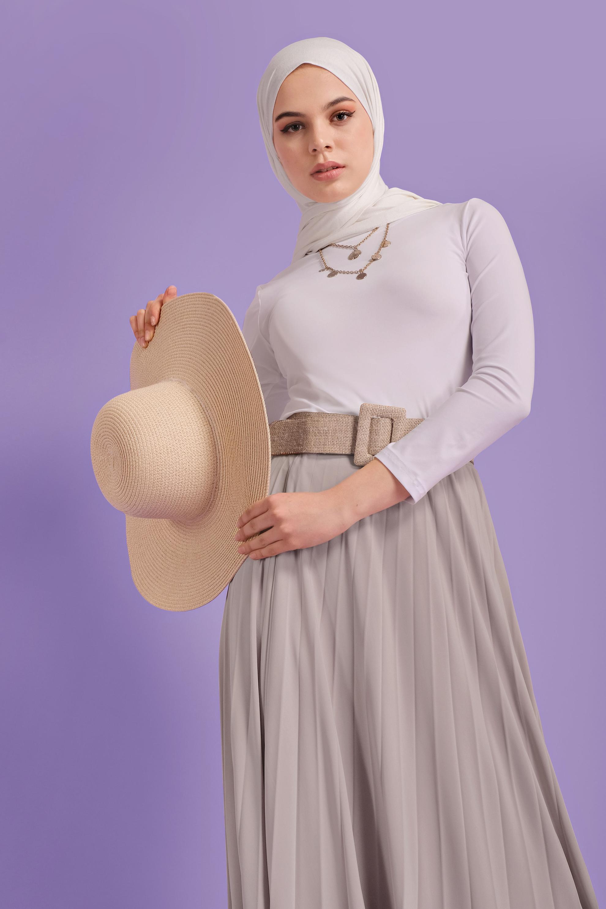 Tesettür giyim BEJ BEL KISMI LASTİKLİ PİLİSELİ ETEK 60145