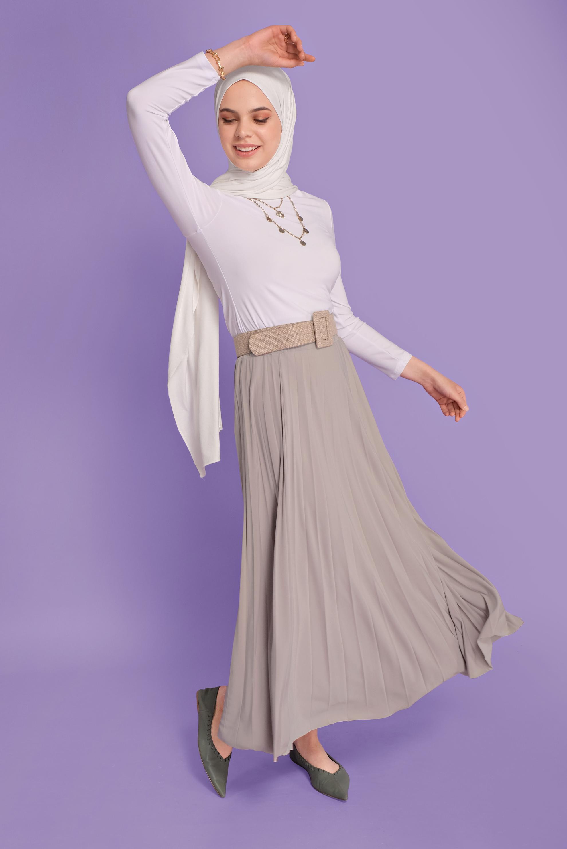 Tesettür giyim BEJ BEL KISMI LASTİKLİ PİLİSELİ ETEK 60145