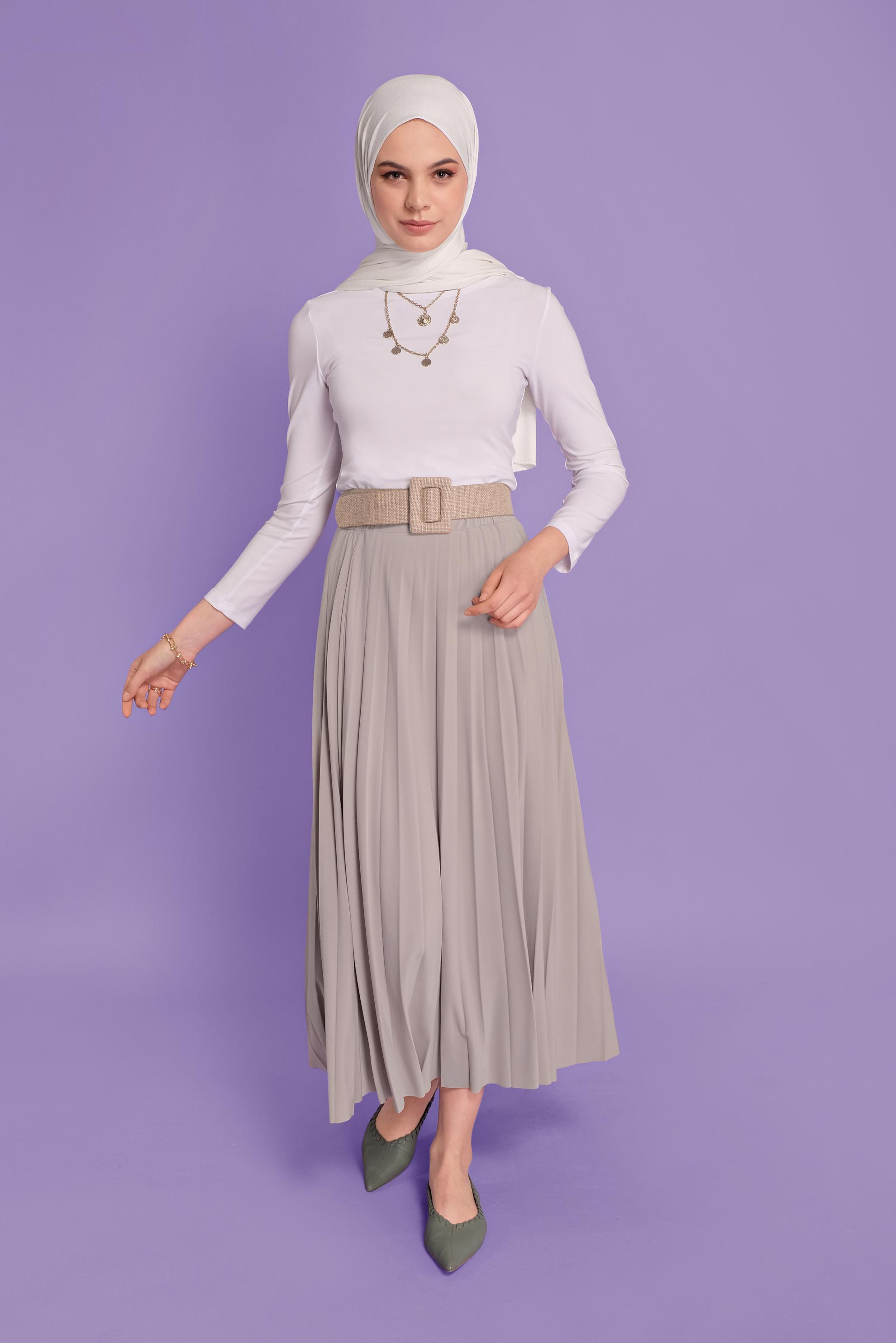 Tesettür giyim BEJ BEL KISMI LASTİKLİ PİLİSELİ ETEK 60145