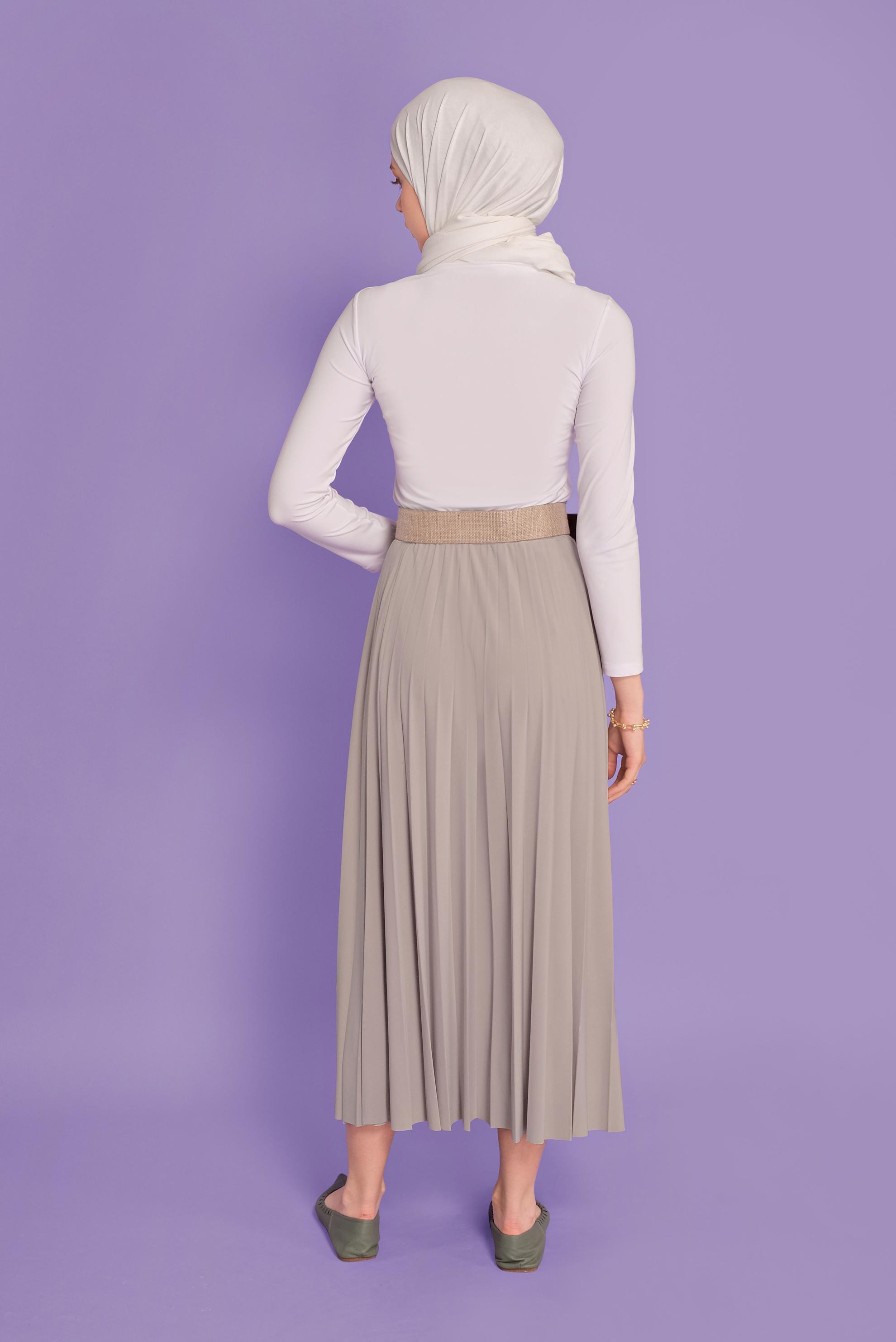 Tesettür giyim BEJ BEL KISMI LASTİKLİ PİLİSELİ ETEK 60145