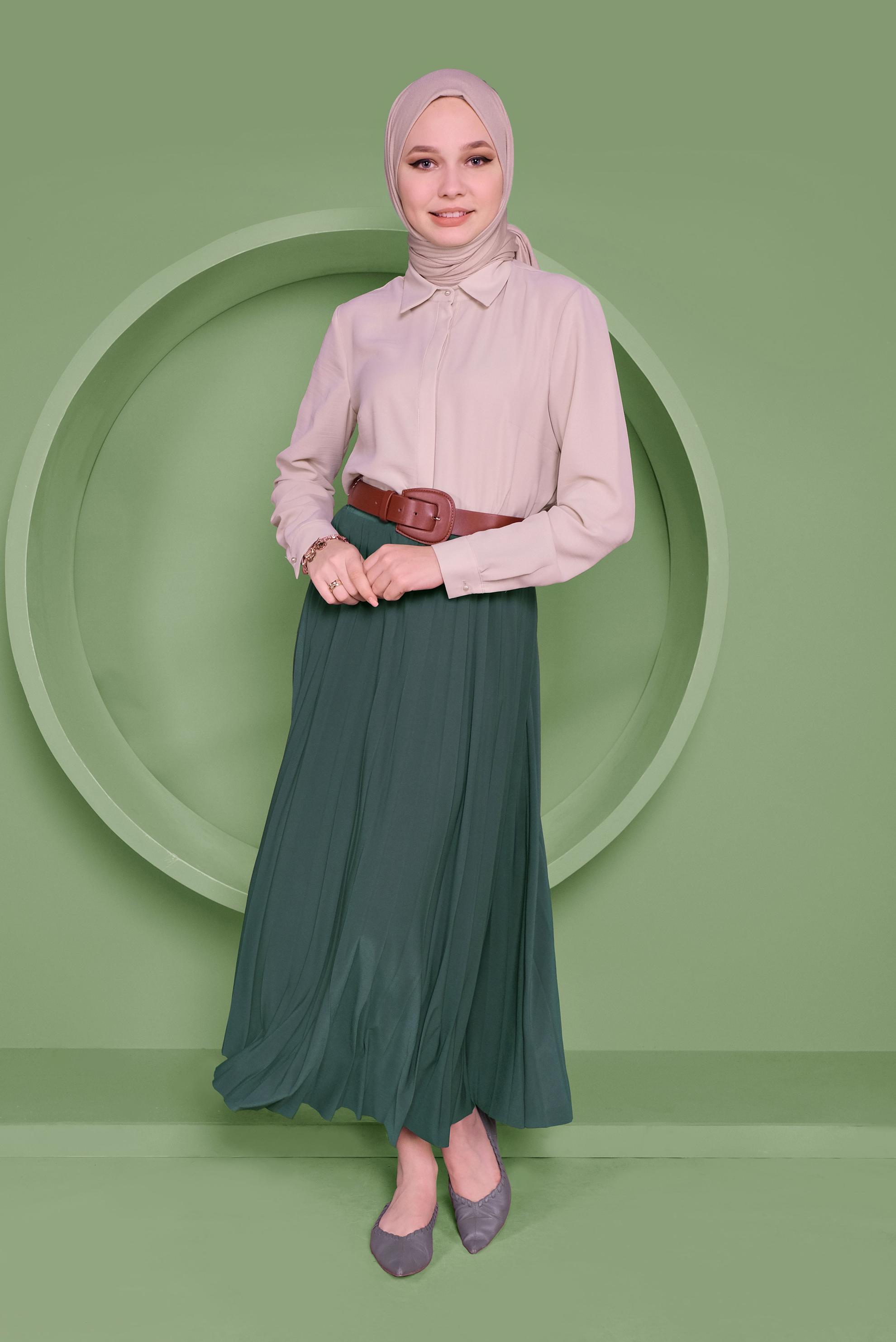 Tesettür giyim MAVİ BEL KISMI LASTİKLİ PİLİSELİ ETEK 60145