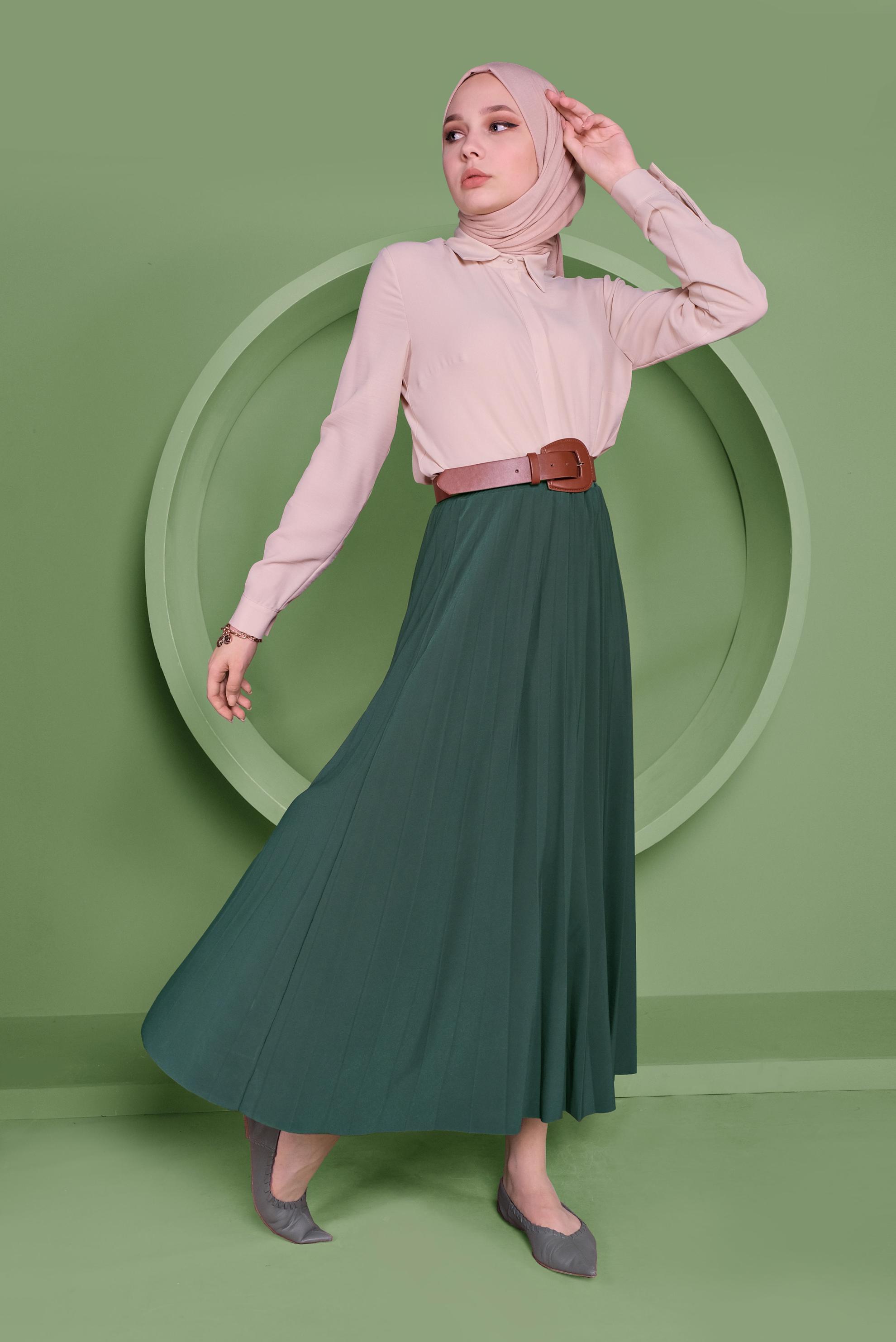 Tesettür giyim MAVİ BEL KISMI LASTİKLİ PİLİSELİ ETEK 60145