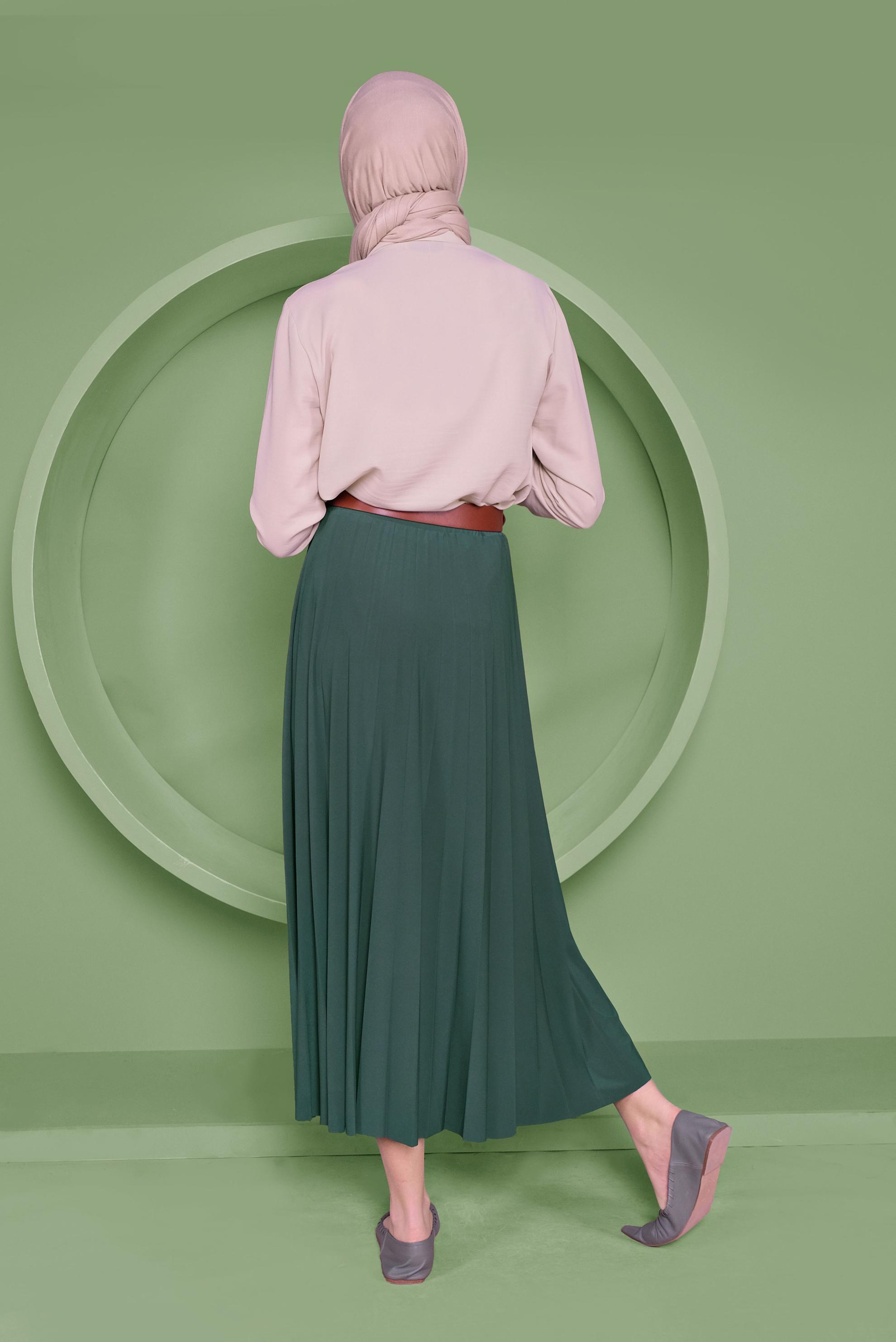 Tesettür giyim MAVİ BEL KISMI LASTİKLİ PİLİSELİ ETEK 60145