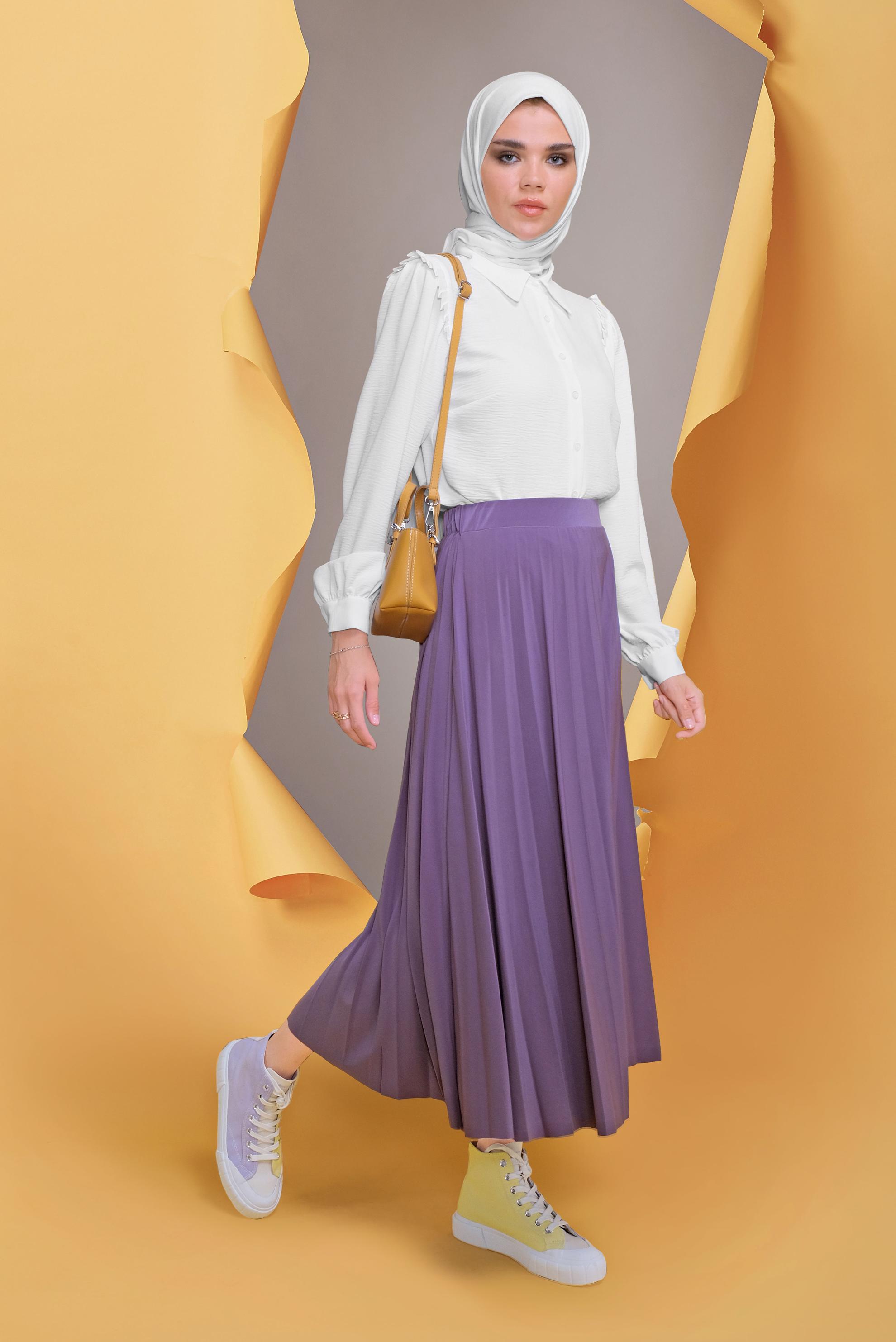 Tesettür giyim MOR BEL KISMI LASTİKLİ PİLİSELİ ETEK 60145