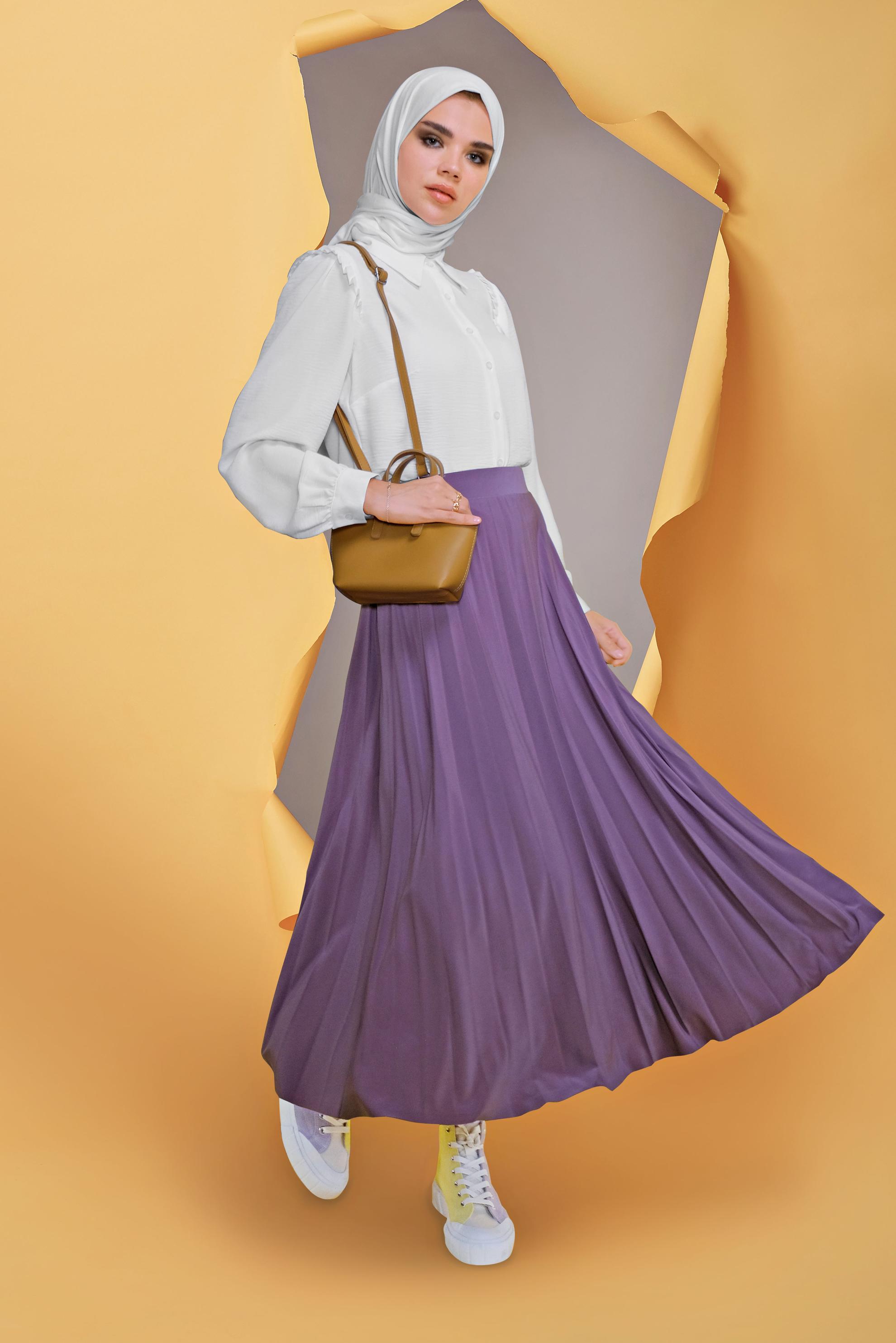 Tesettür giyim MOR BEL KISMI LASTİKLİ PİLİSELİ ETEK 60145