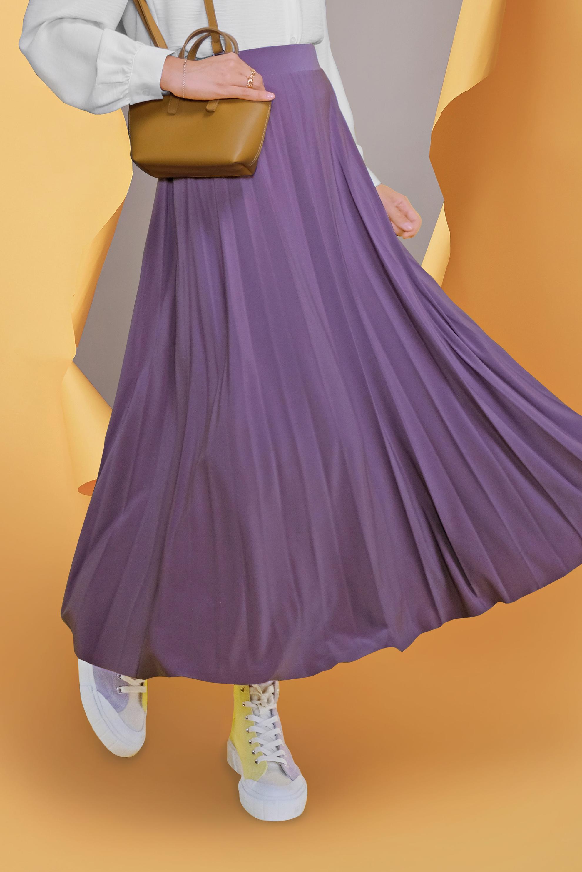 Tesettür giyim MOR BEL KISMI LASTİKLİ PİLİSELİ ETEK 60145