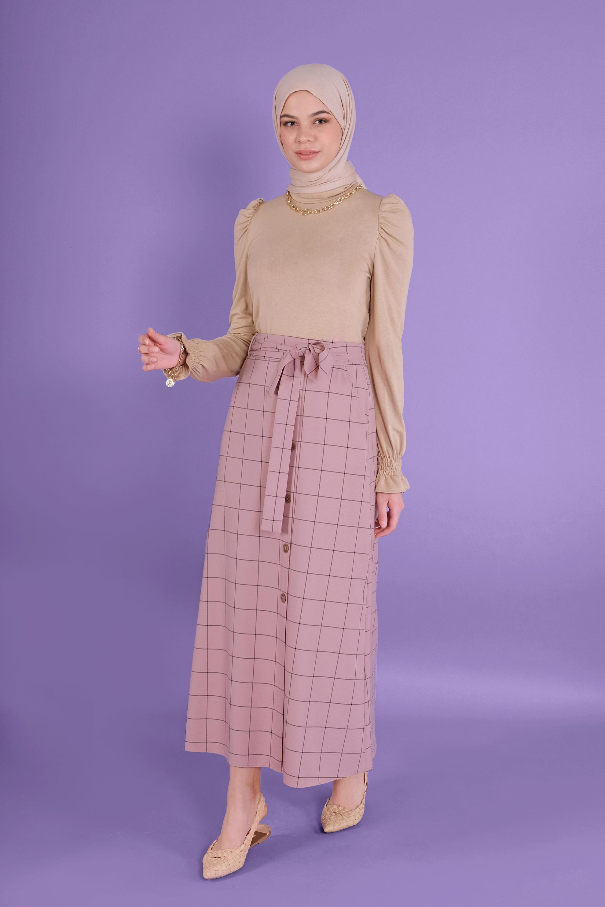 Tesettür giyim PUDRA KARELİ DÜĞMELİ ETEK 60148 