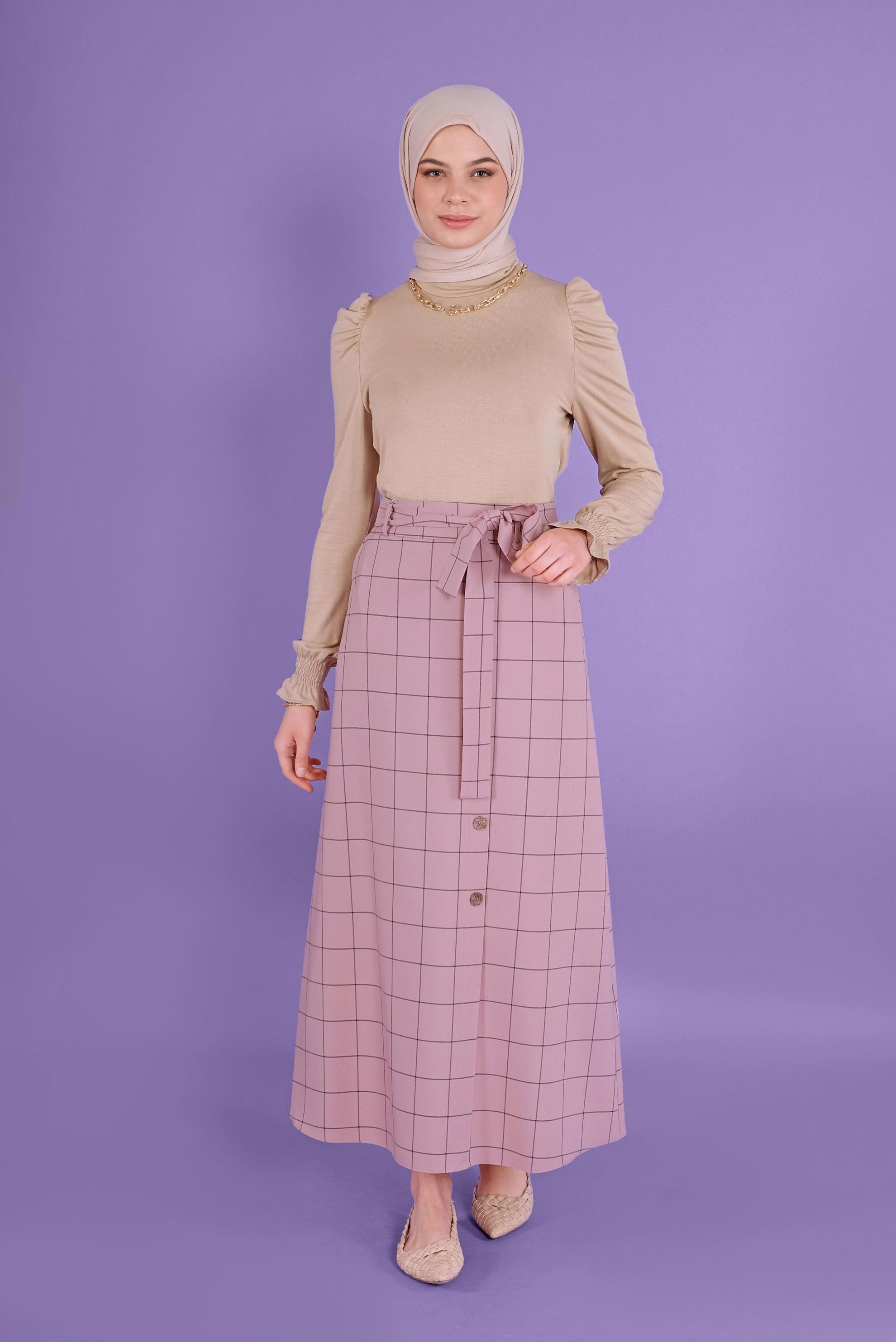 Tesettür giyim PUDRA KARELİ DÜĞMELİ ETEK 60148 