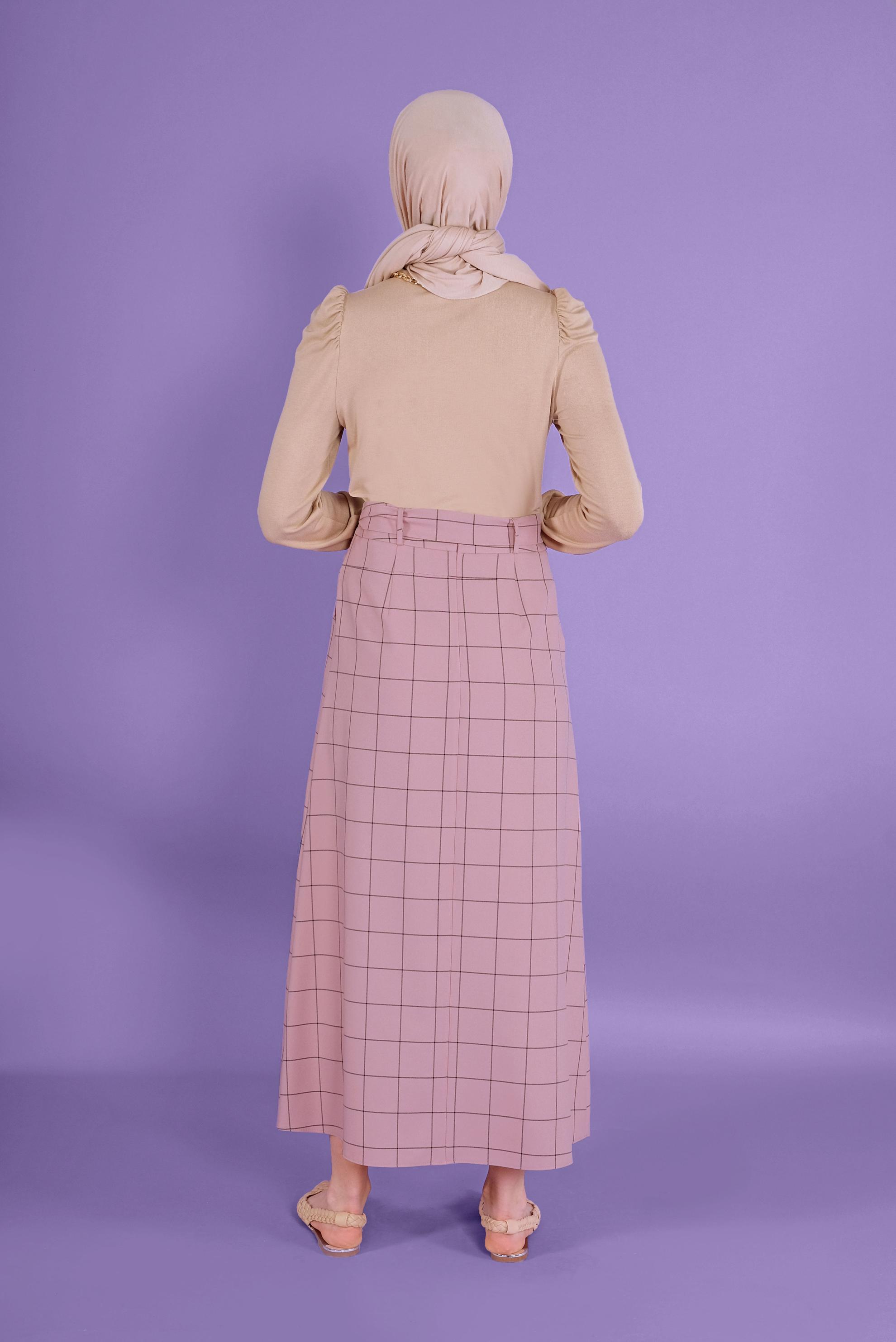 Tesettür giyim PUDRA KARELİ DÜĞMELİ ETEK 60148 