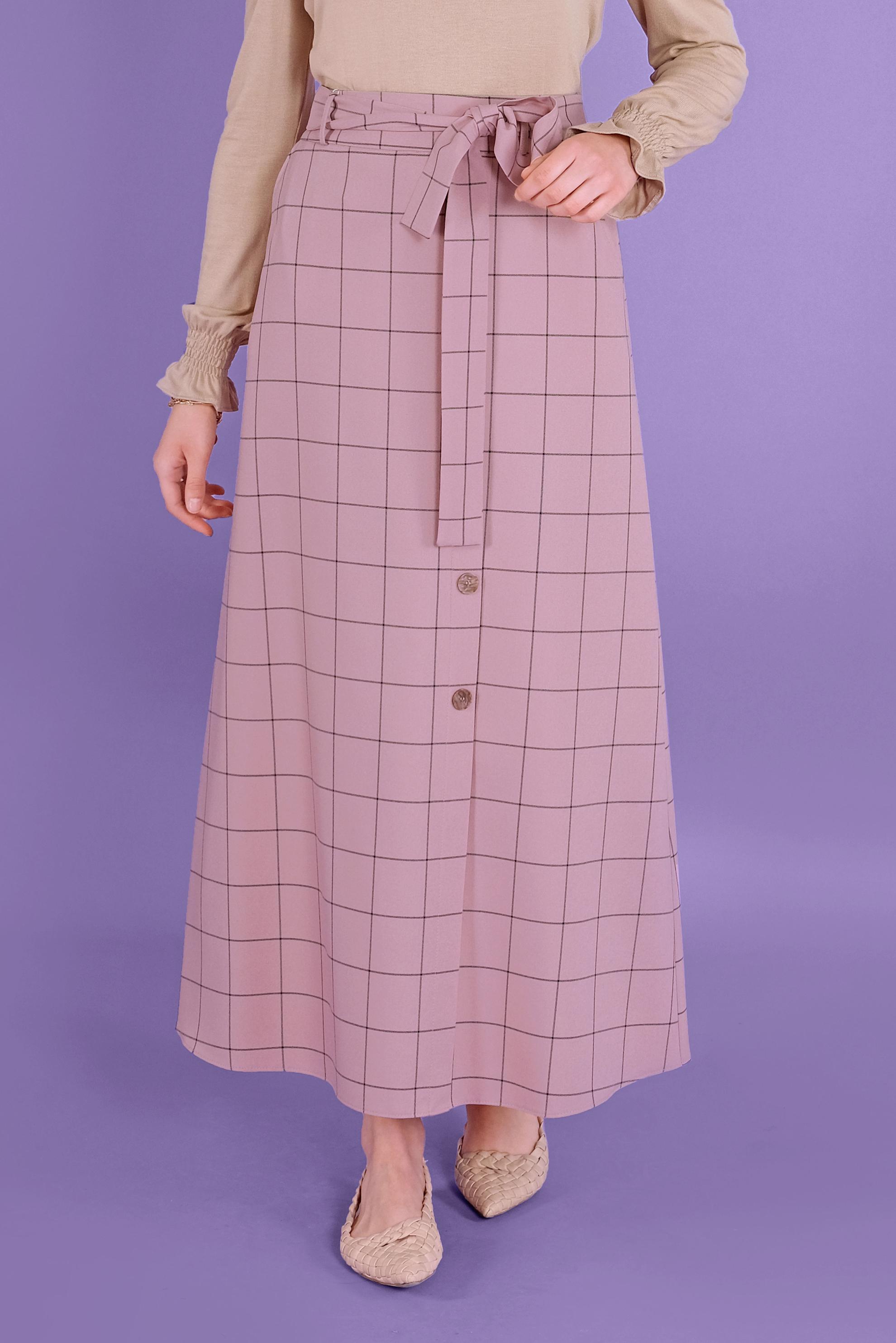 Tesettür giyim PUDRA KARELİ DÜĞMELİ ETEK 60148 