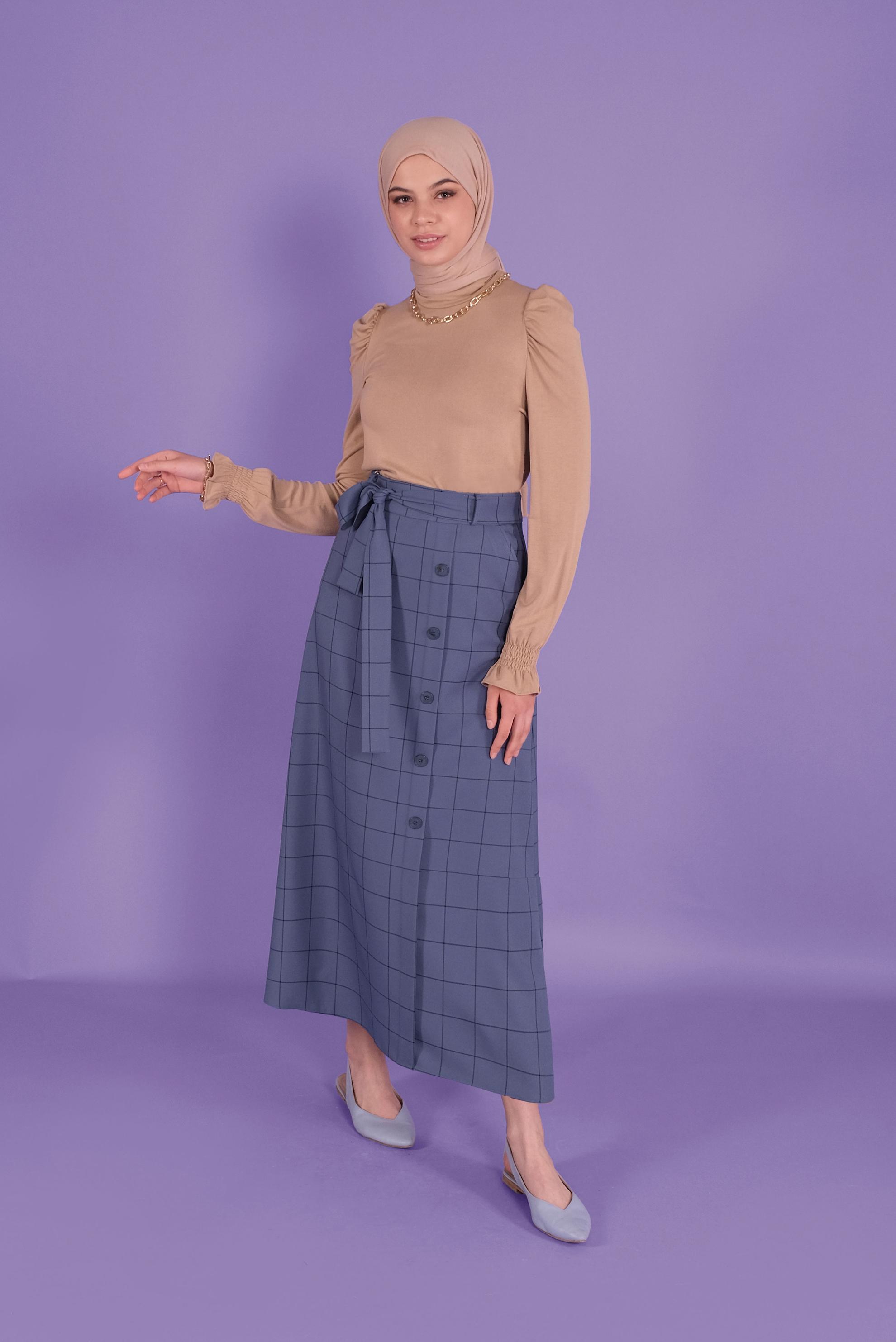 Tesettür giyim LACİVERT KARELİ DÜĞMELİ ETEK 60148 