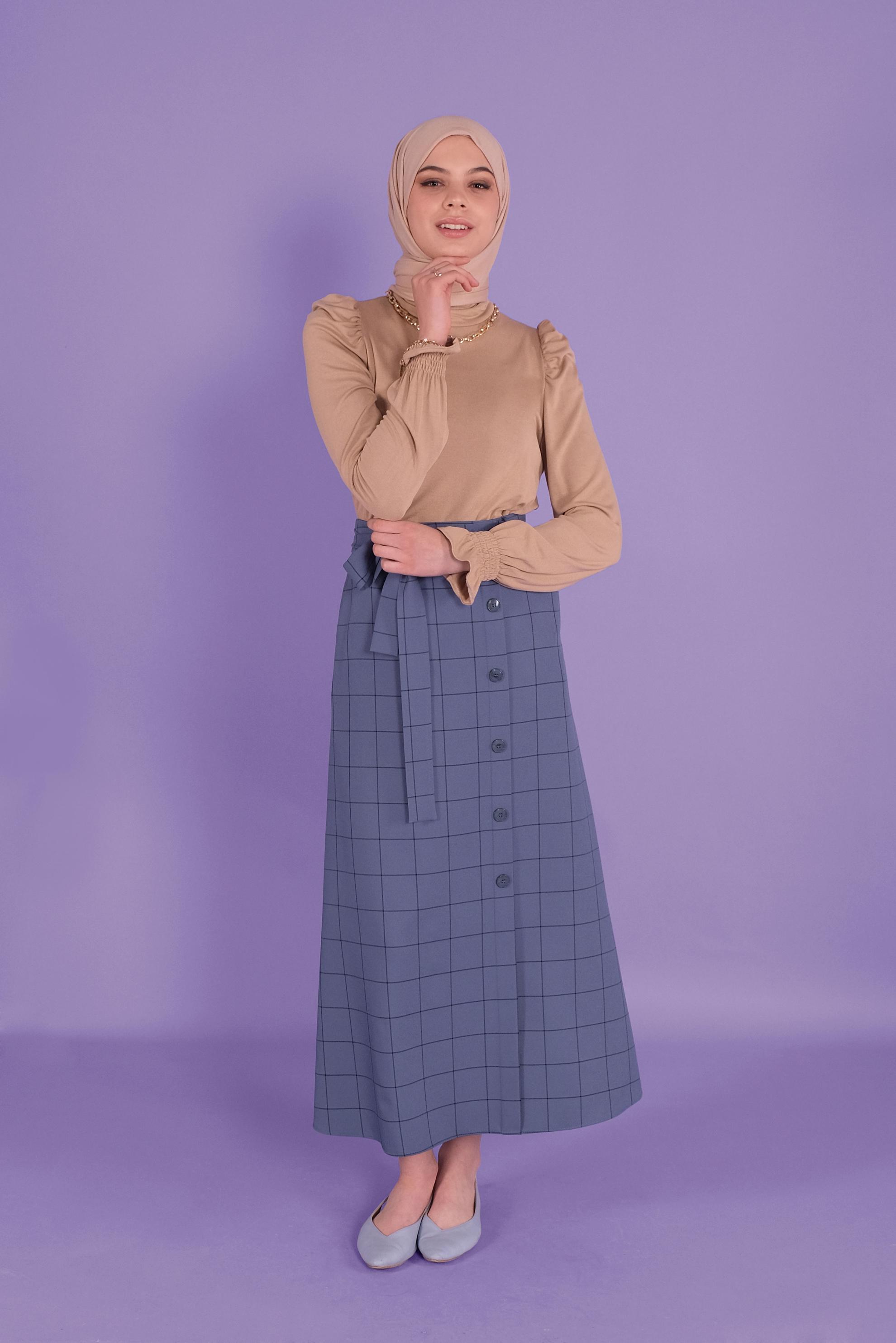 Tesettür giyim LACİVERT KARELİ DÜĞMELİ ETEK 60148 