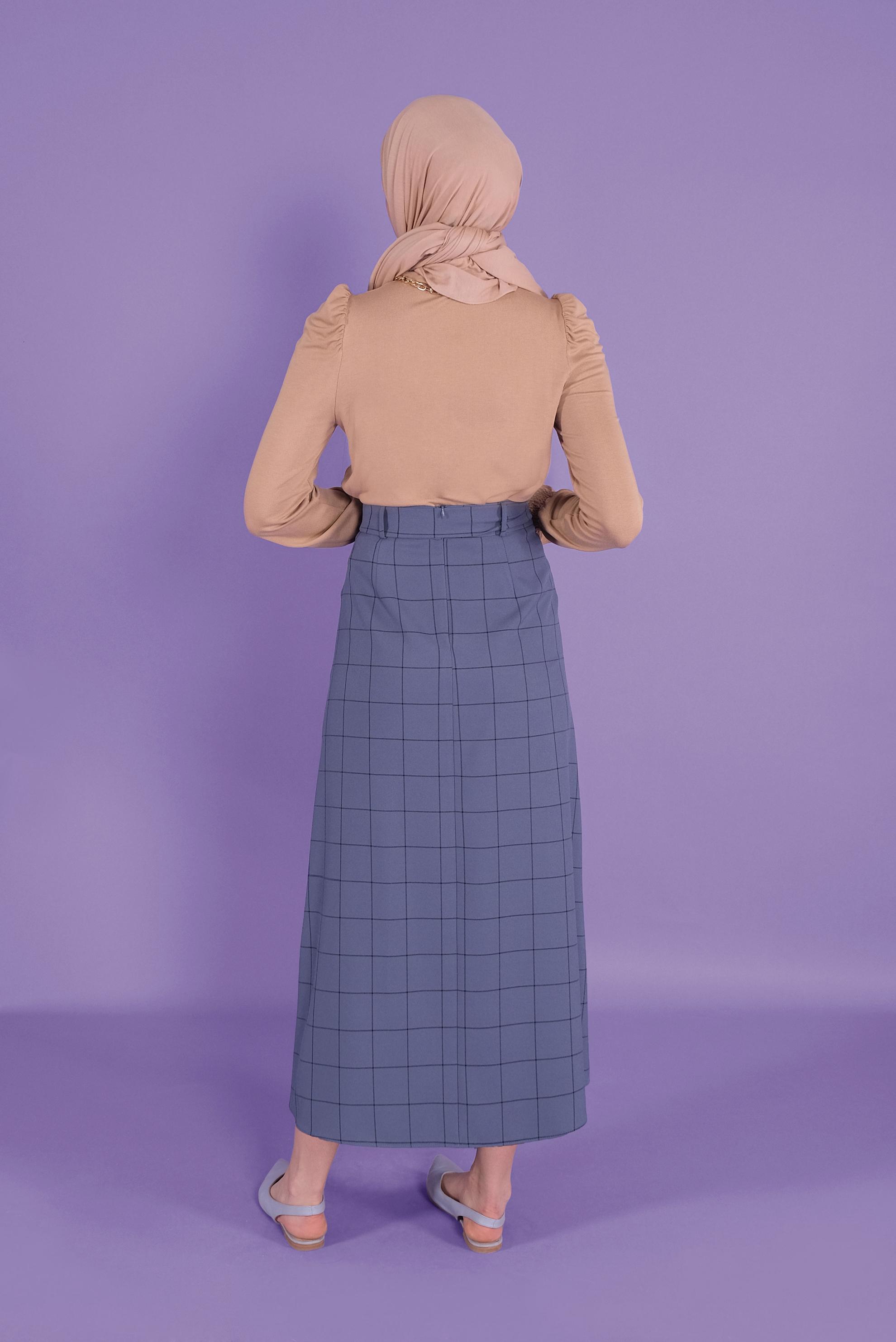 Tesettür giyim LACİVERT KARELİ DÜĞMELİ ETEK 60148 