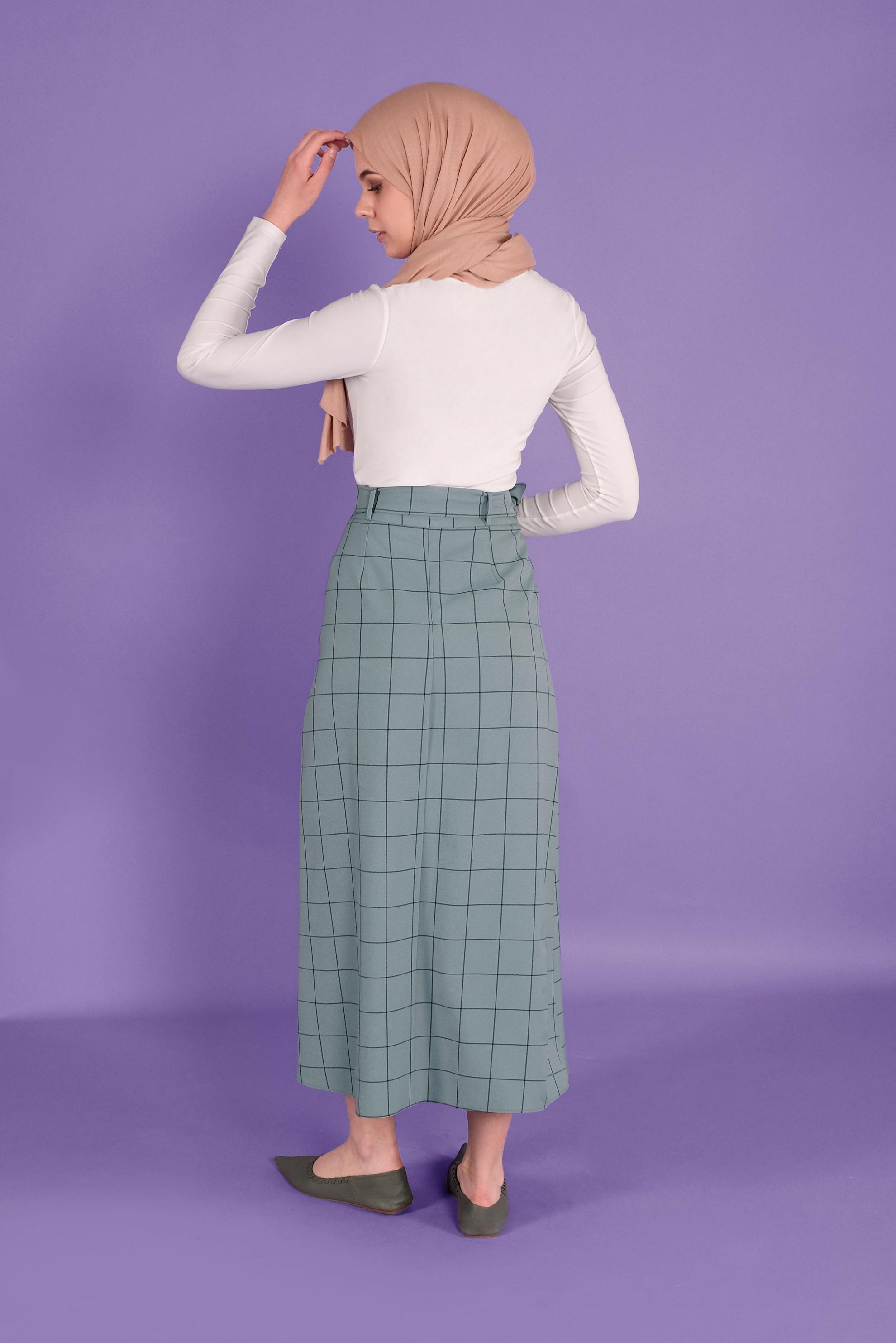 Tesettür giyim YEŞİL KARELİ DÜĞMELİ ETEK 60148 