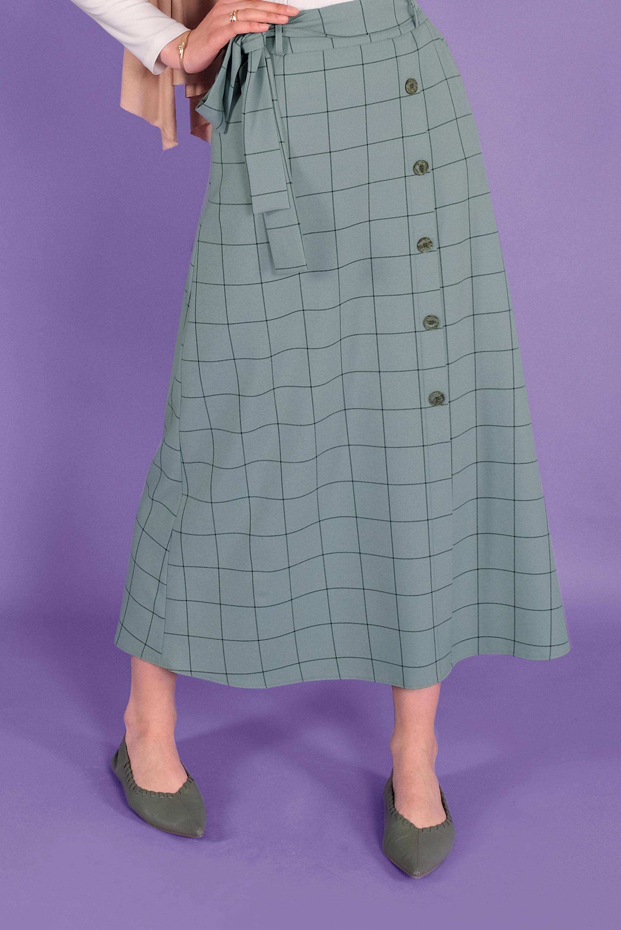 Tesettür giyim YEŞİL KARELİ DÜĞMELİ ETEK 60148 