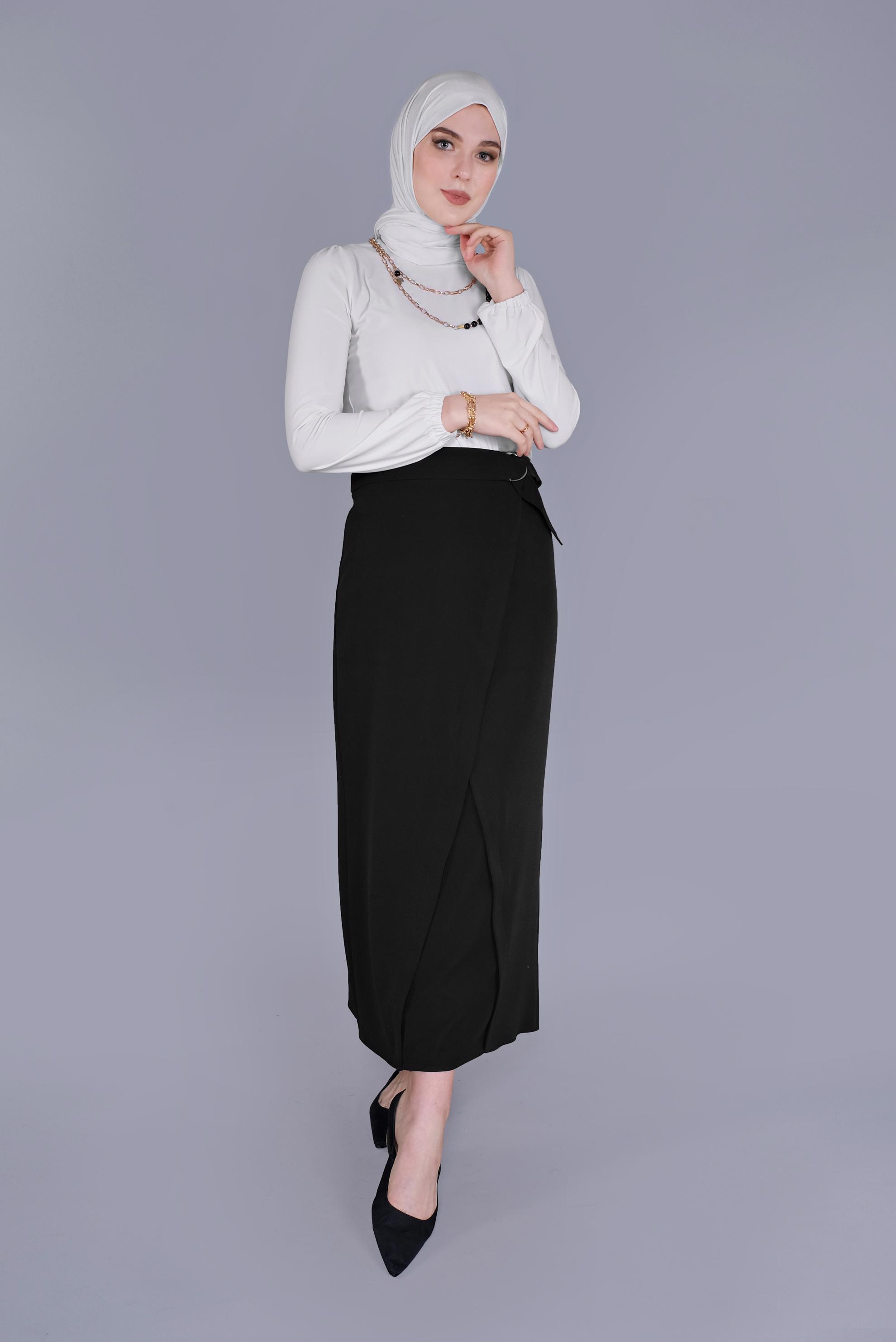 Tesettür giyim SİYAH ÇAPRAZ GÖNÜMLÜ KEMERLİ ETEK  60149 