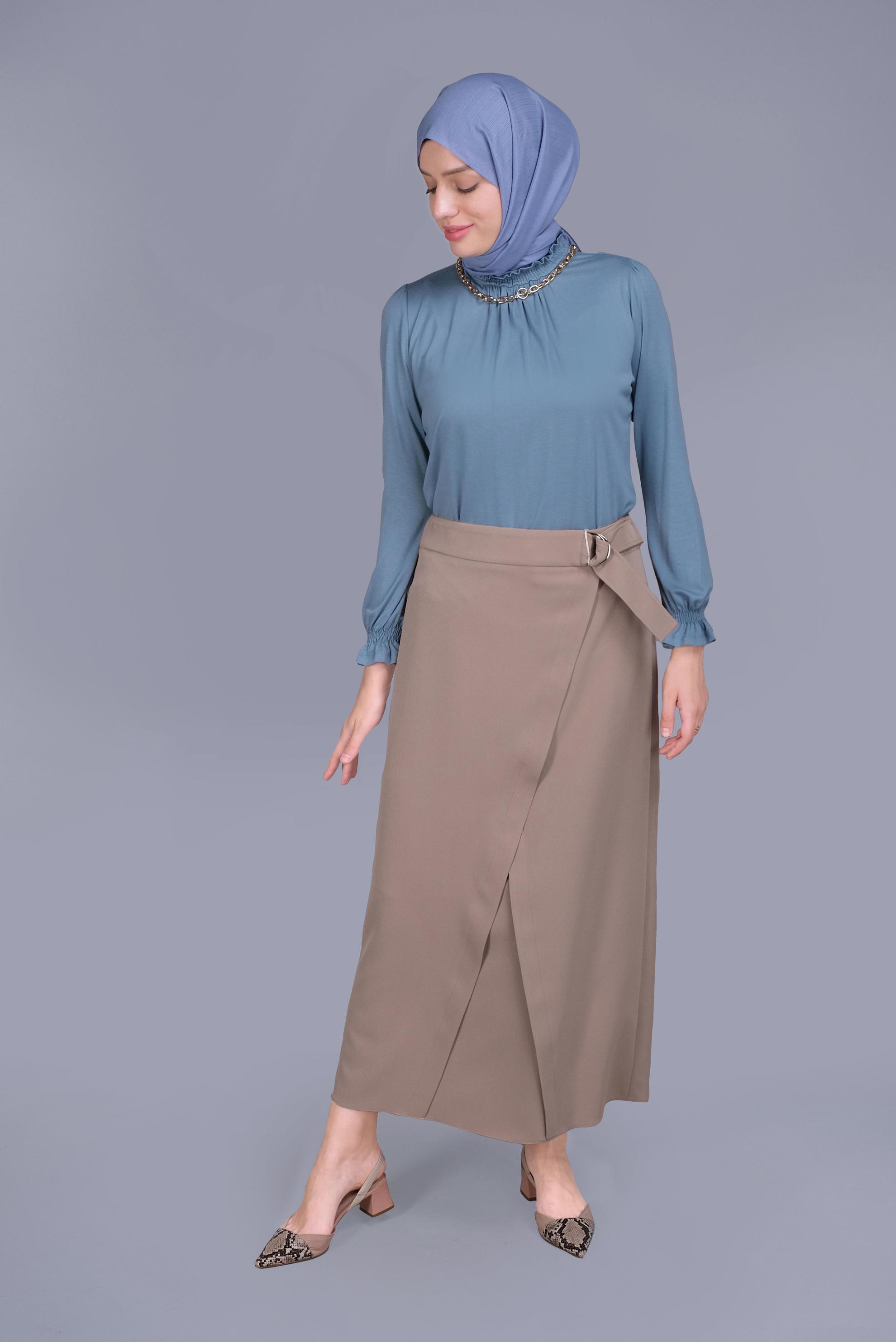 Tesettür giyim KAHVE ÇAPRAZ GÖNÜMLÜ KEMERLİ ETEK  60149 