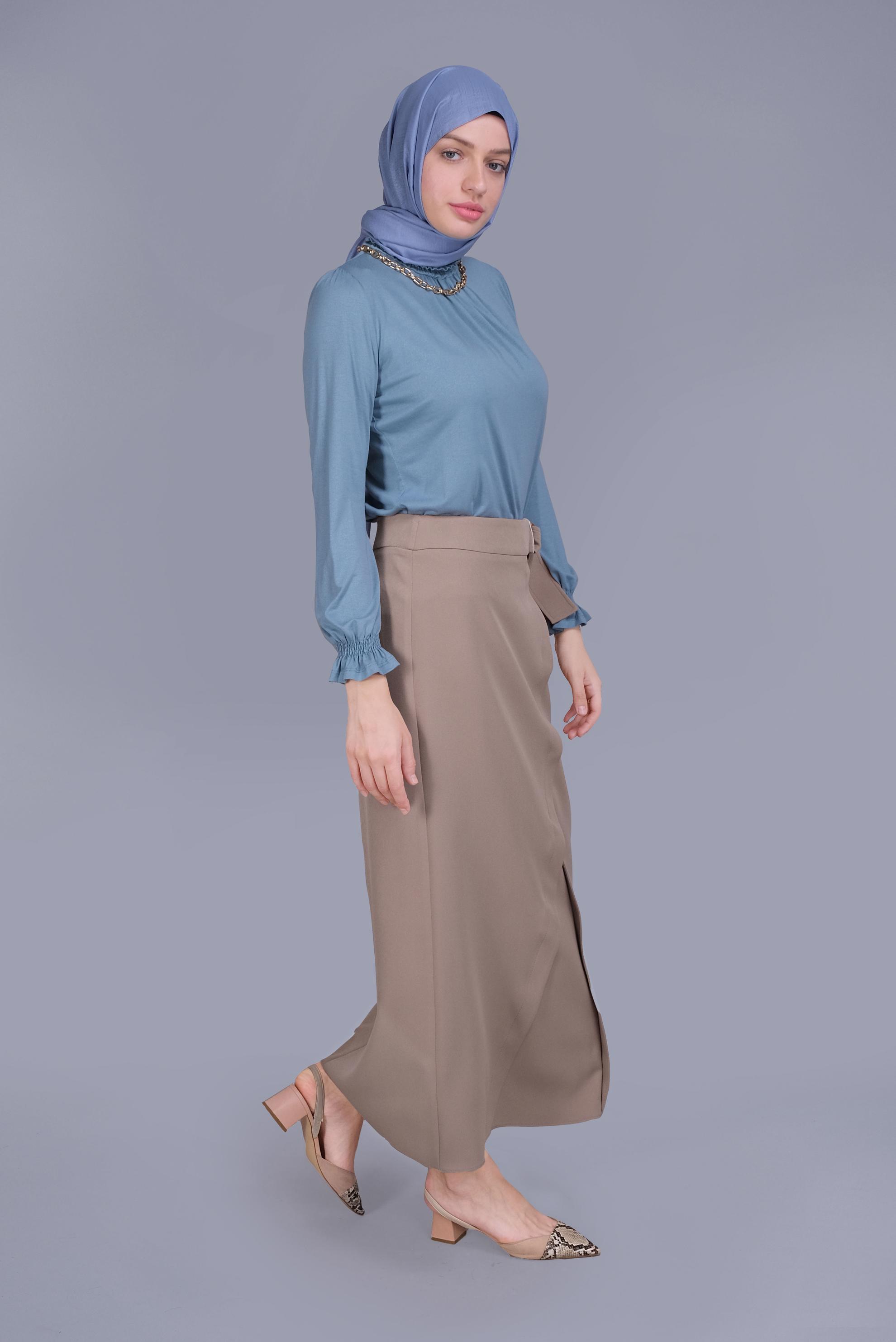 Tesettür giyim KAHVE ÇAPRAZ GÖNÜMLÜ KEMERLİ ETEK  60149 