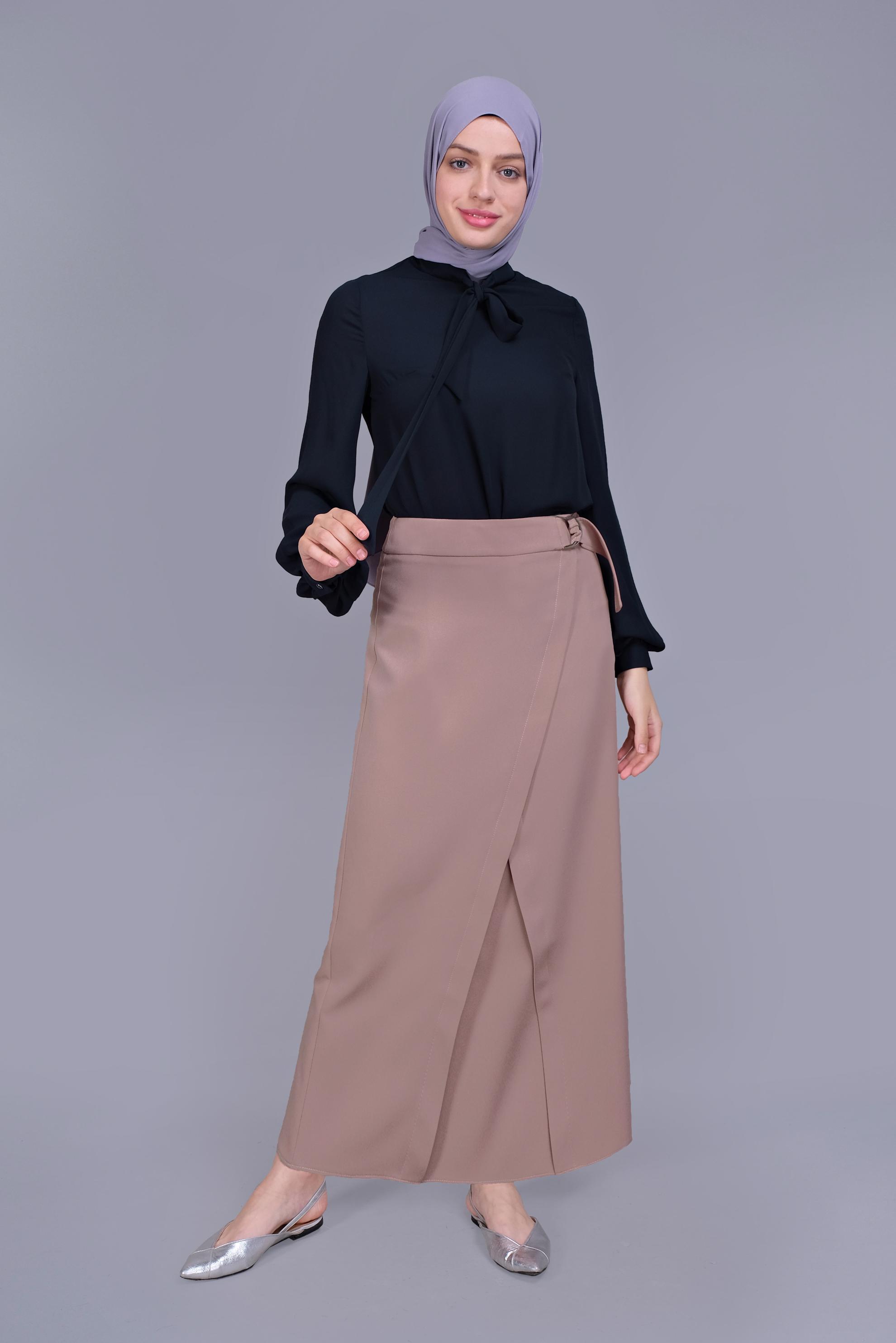 Tesettür giyim PUDRA ÇAPRAZ GÖNÜMLÜ KEMERLİ ETEK  60149 