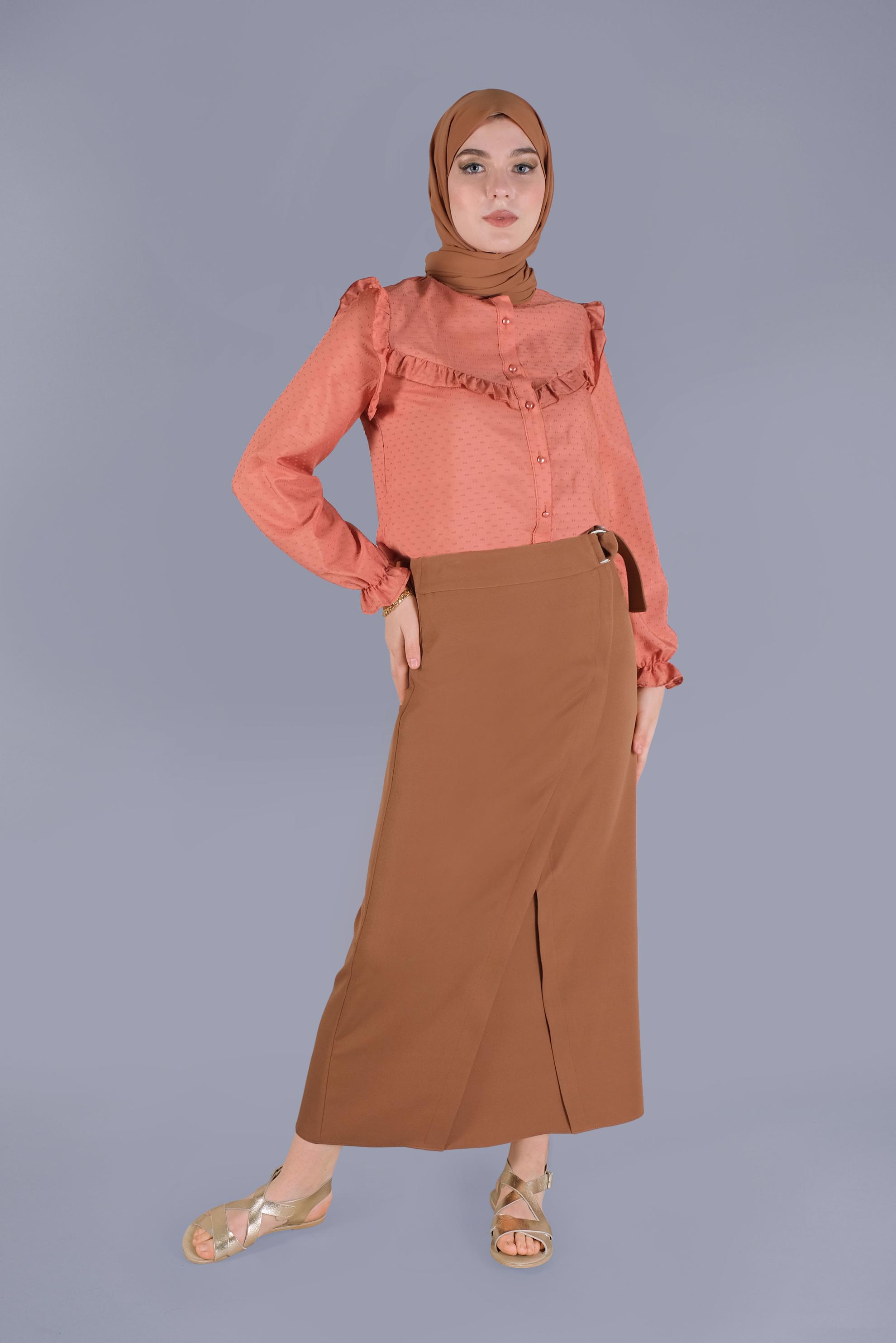 Tesettür giyim TABA ÇAPRAZ GÖNÜMLÜ KEMERLİ ETEK  60149 