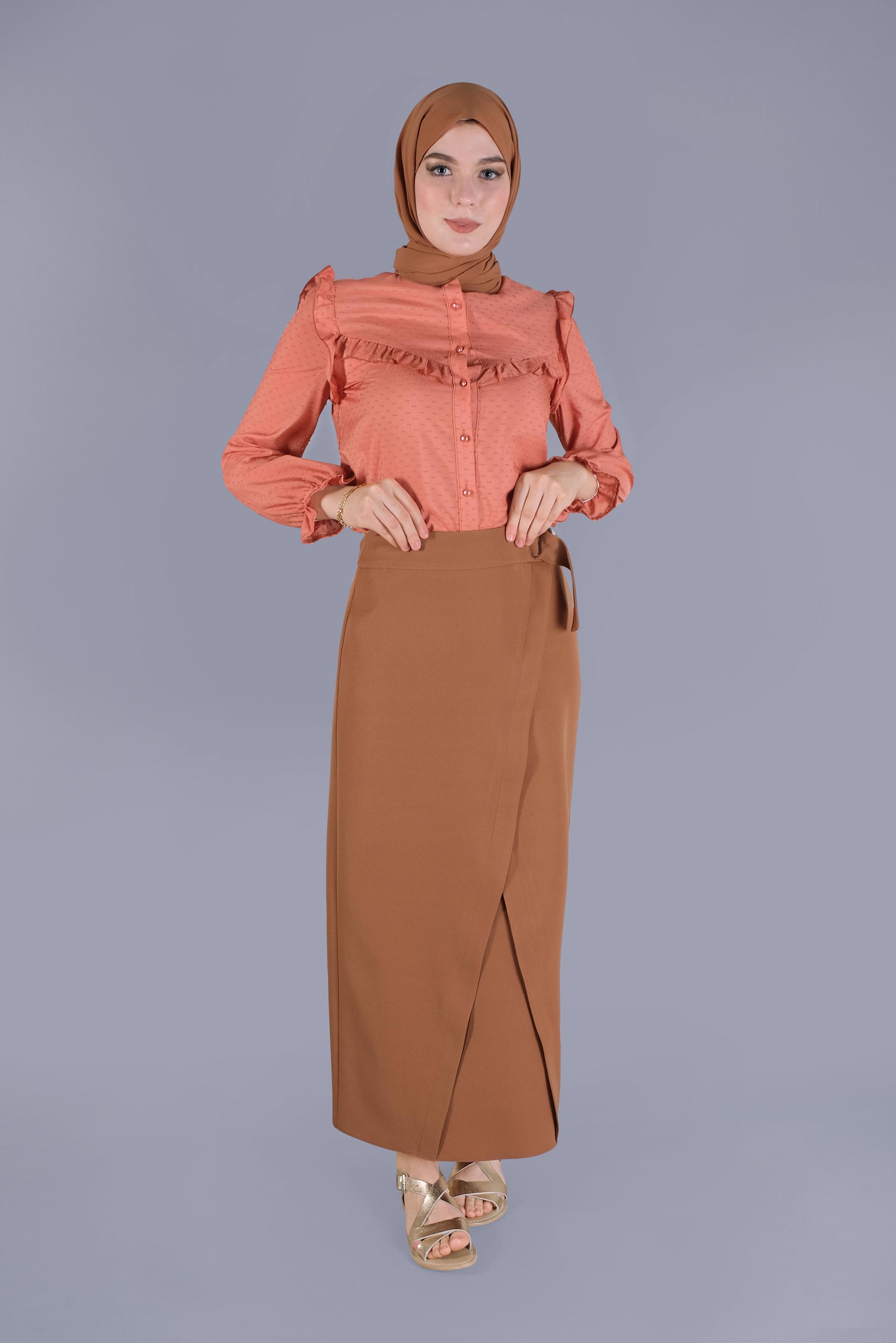 Tesettür giyim TABA ÇAPRAZ GÖNÜMLÜ KEMERLİ ETEK  60149 