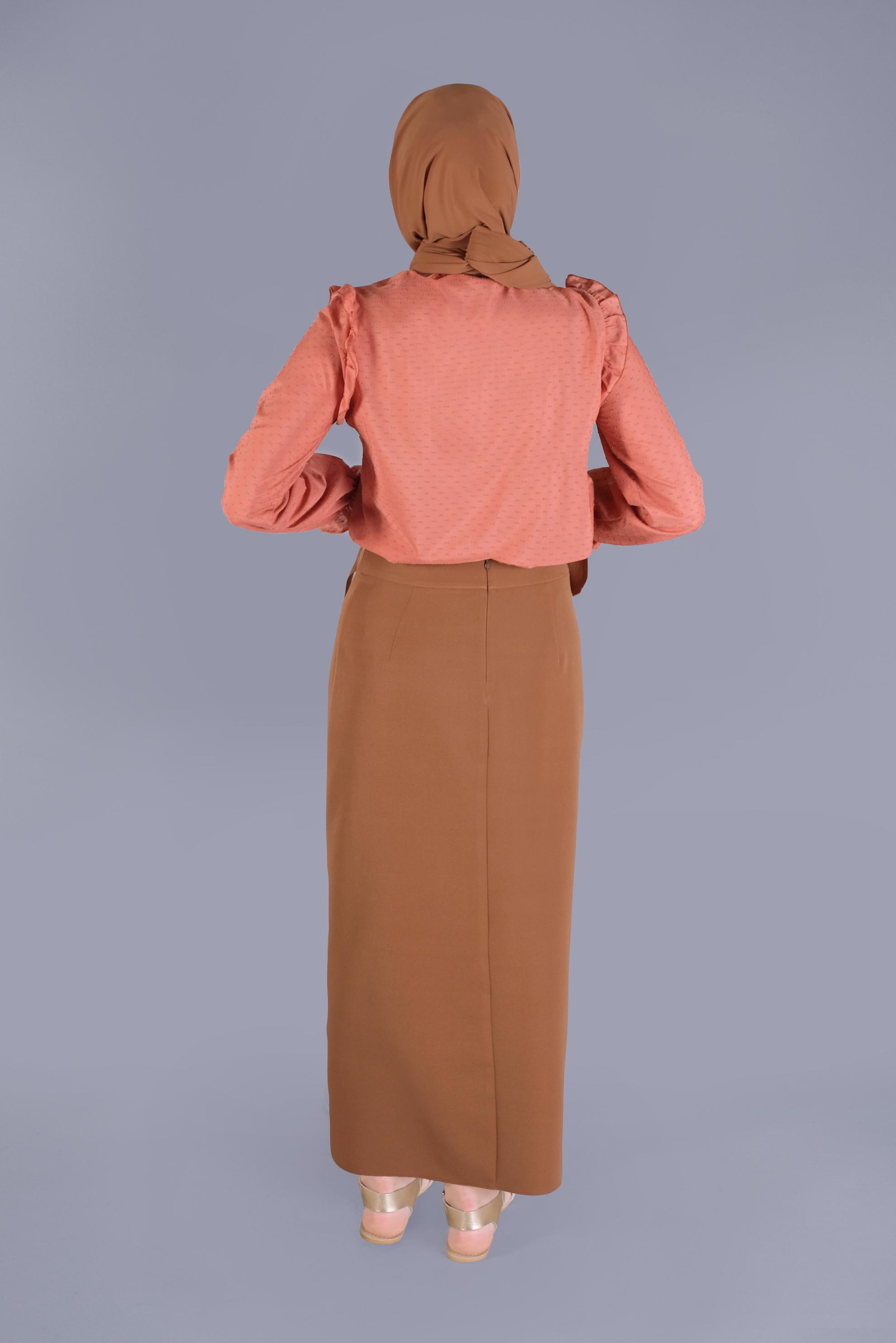 Tesettür giyim TABA ÇAPRAZ GÖNÜMLÜ KEMERLİ ETEK  60149 