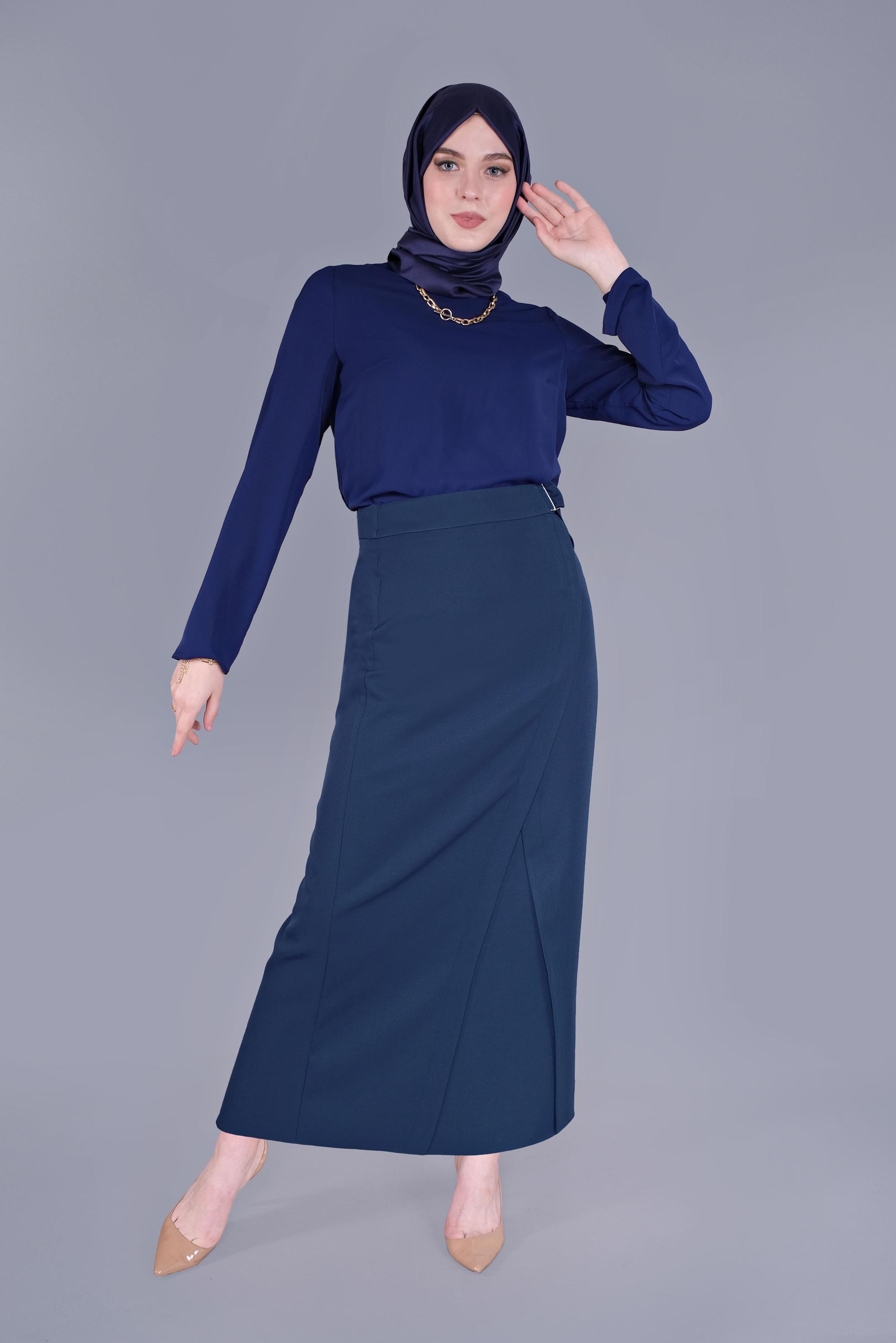 Tesettür giyim LACİVERT ÇAPRAZ GÖNÜMLÜ KEMERLİ ETEK  60149 